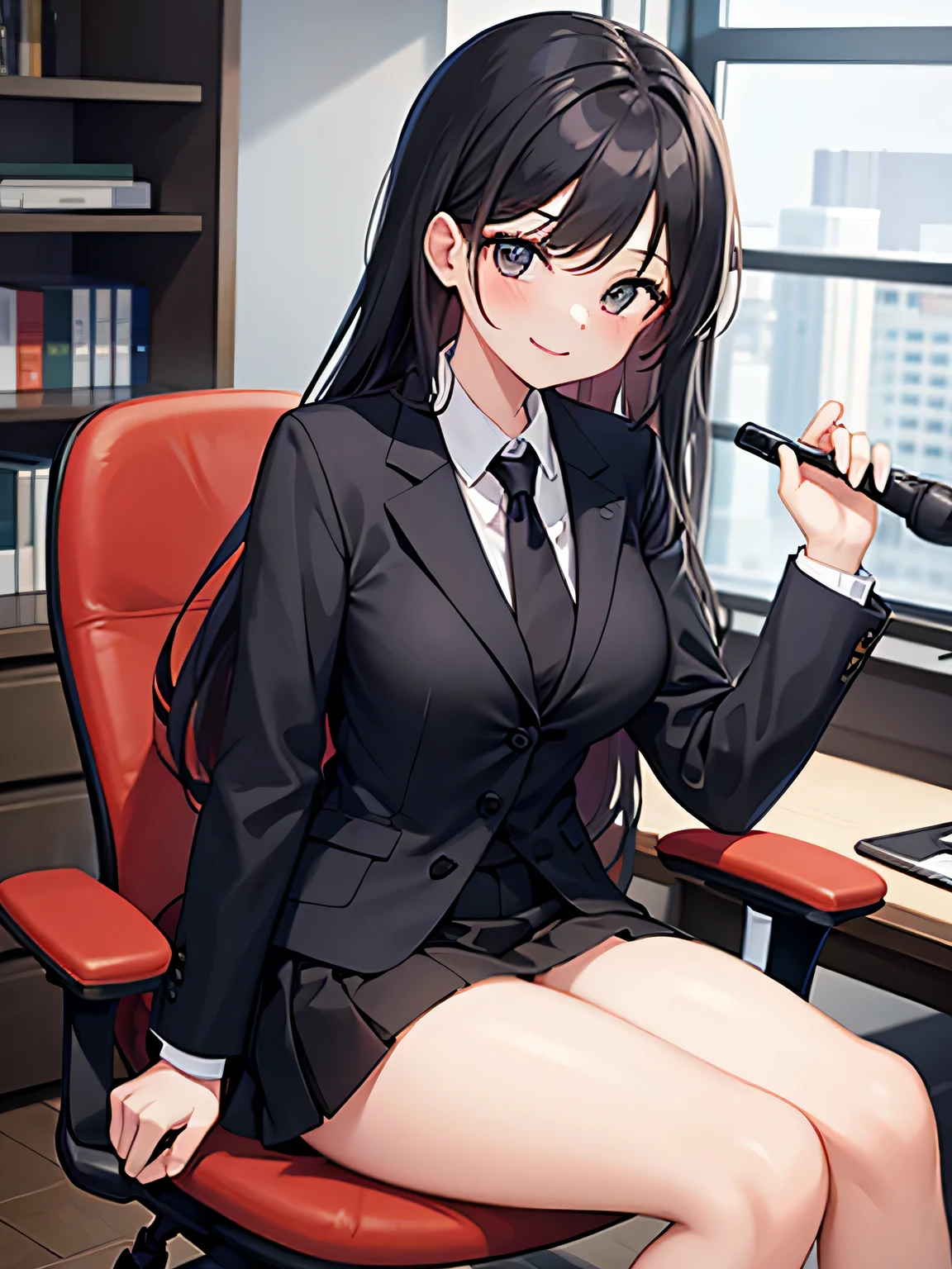 (1) A woman sits alone in an office chair, her skirt is short、Red panties are almost visible. Her legs are closed, but you can see the ▽ zone between her skirt and thighs..
(2) woman wears a black suit.
(3) that woman has long black hair.
(4) She is 28 years old, mature, and smiling.
(5) The location is the office.