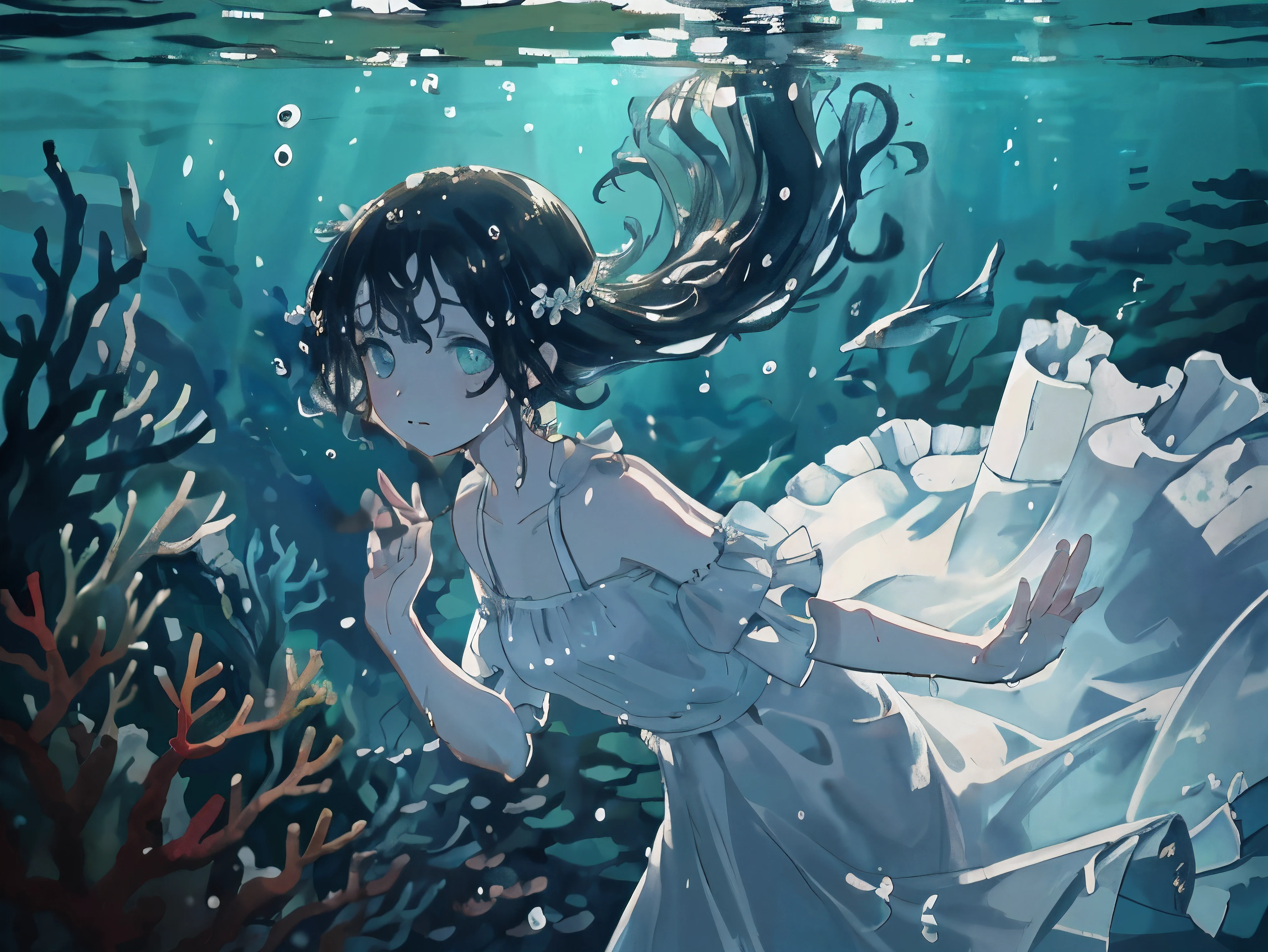 (((masterpiece))),(((best quality))),((super detailed)),((underwater)),(illustration),(Beautiful and delicate water),((coral)),chiaroscuro, open tuck,((Extremely delicate and beautiful girl)),dynamic angle,floating,(beautiful and delicate eyes),(Detail lights),(Change),floating hair,glowing eyes,(splash),underwater)),black hair,green right eye,iceblue left eye,White silk long dress, (wet clothes), textured, The best decoration, The best wrinkles, best shadow, feather,nature,(Sunlight),(underwater forest),(painting),(bloom),(Detailed glow),(soak),seaweed,fish,(((Tyndall effect))),face to face