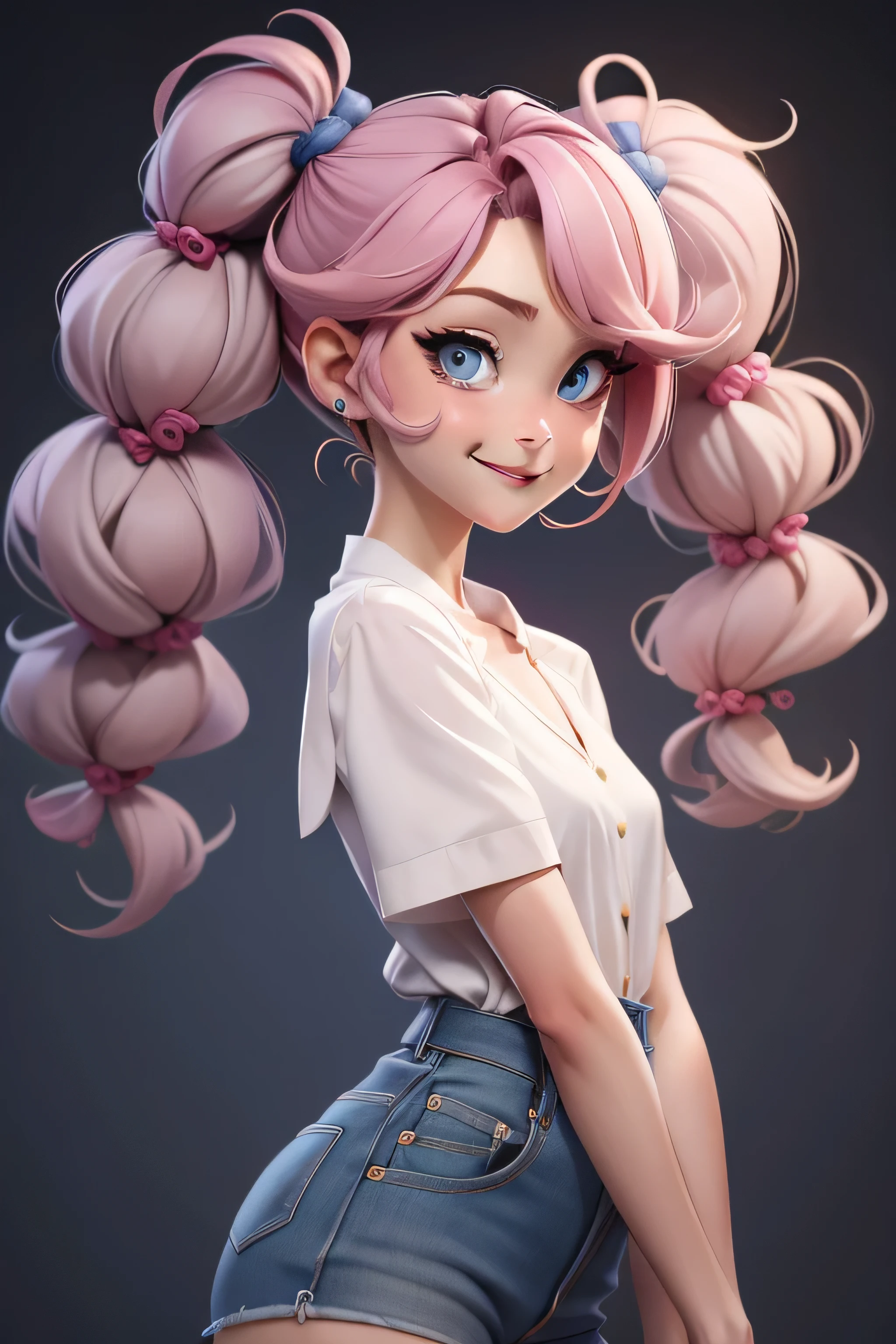 Style 3DMM,
1fille, bleu_yeux, a, long_cheveux, regarder_à_téléspectateur, nombril, rose_cheveux, chemise, tribunal_manches, tribunals, simple_arrière-plan, sourire, seulement, Twintails, blanc_arrière-plan, blanc_chemise