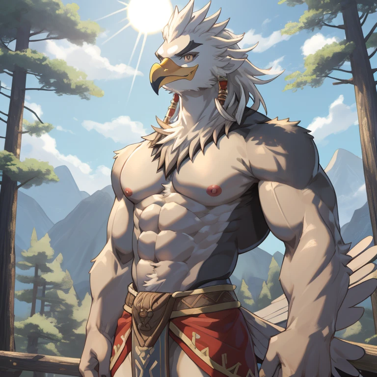 zelda breath of the wild,Teba,male,Birdman,,featheredwings,鳥wing,aldult,alone,4K,best quality, whole body,looking at the audience,slim body,wing,,hairy body,bird tail,Upper body exposed,bared  chest,Hairy chest,Pink nipples,Six-pack abs, biceps,anatomically correct,Delicate fur,pride,soft shadow,Majestic detailed face,High quality eyes,brown eyes,black pupils,,Grandiose,Valiantary,Loincloth,Smile confidently,Strong,mature,Blue sky and white clouds,The sun shines,forest background