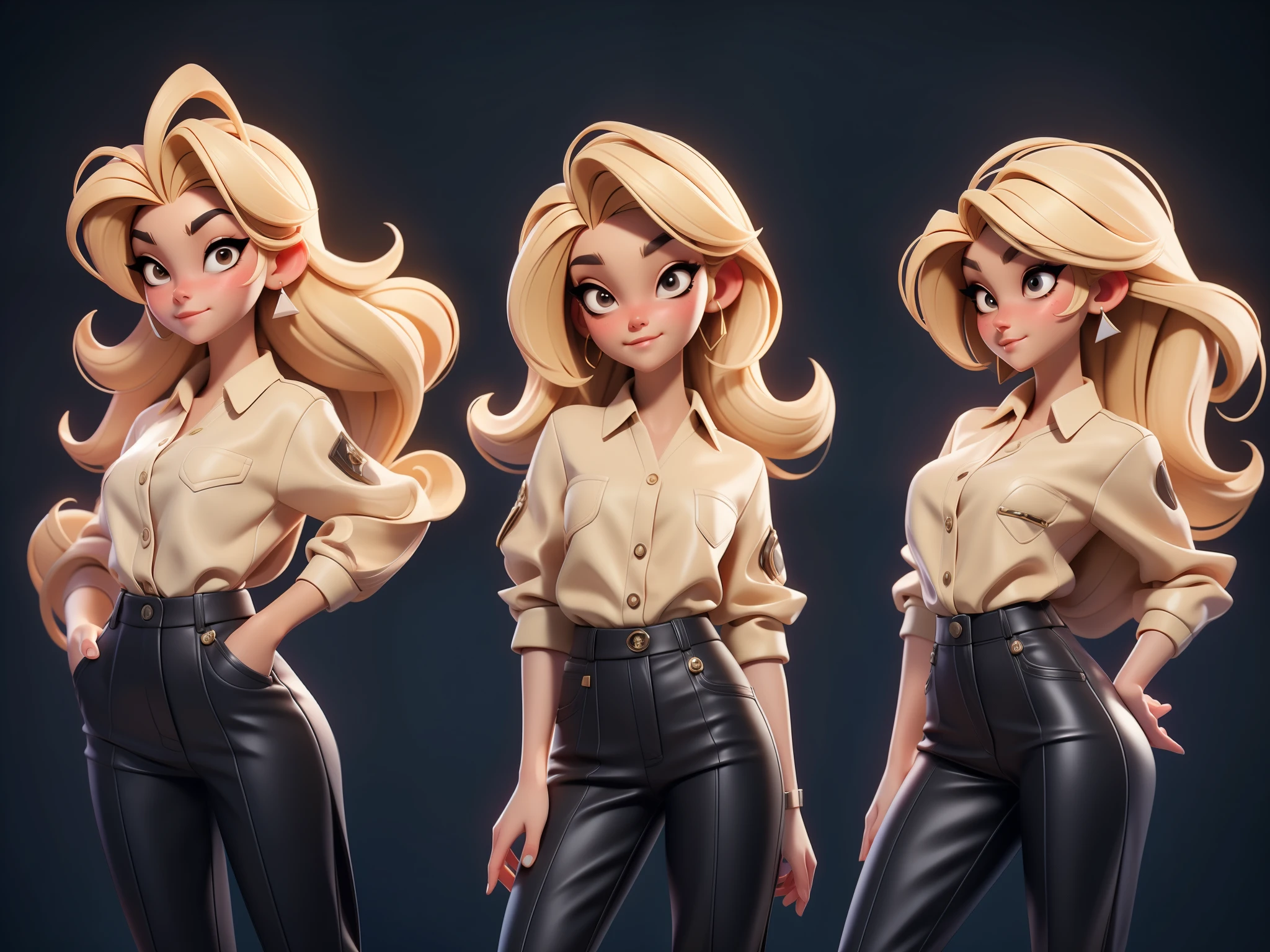 A young girl with blond hair, beige shirt, black suit pants, metal diamond earrings,Character emote display，The is very detailed, The is very detailed, Best quality at best, c4d, Blander,IP mirroring, Bubble Mart,The front of a character，Lateral face，on back，Multiple views of the same role，full bodyesbian，Three perspective bodyesbian，Girl front view，side view of girl，girl rear view