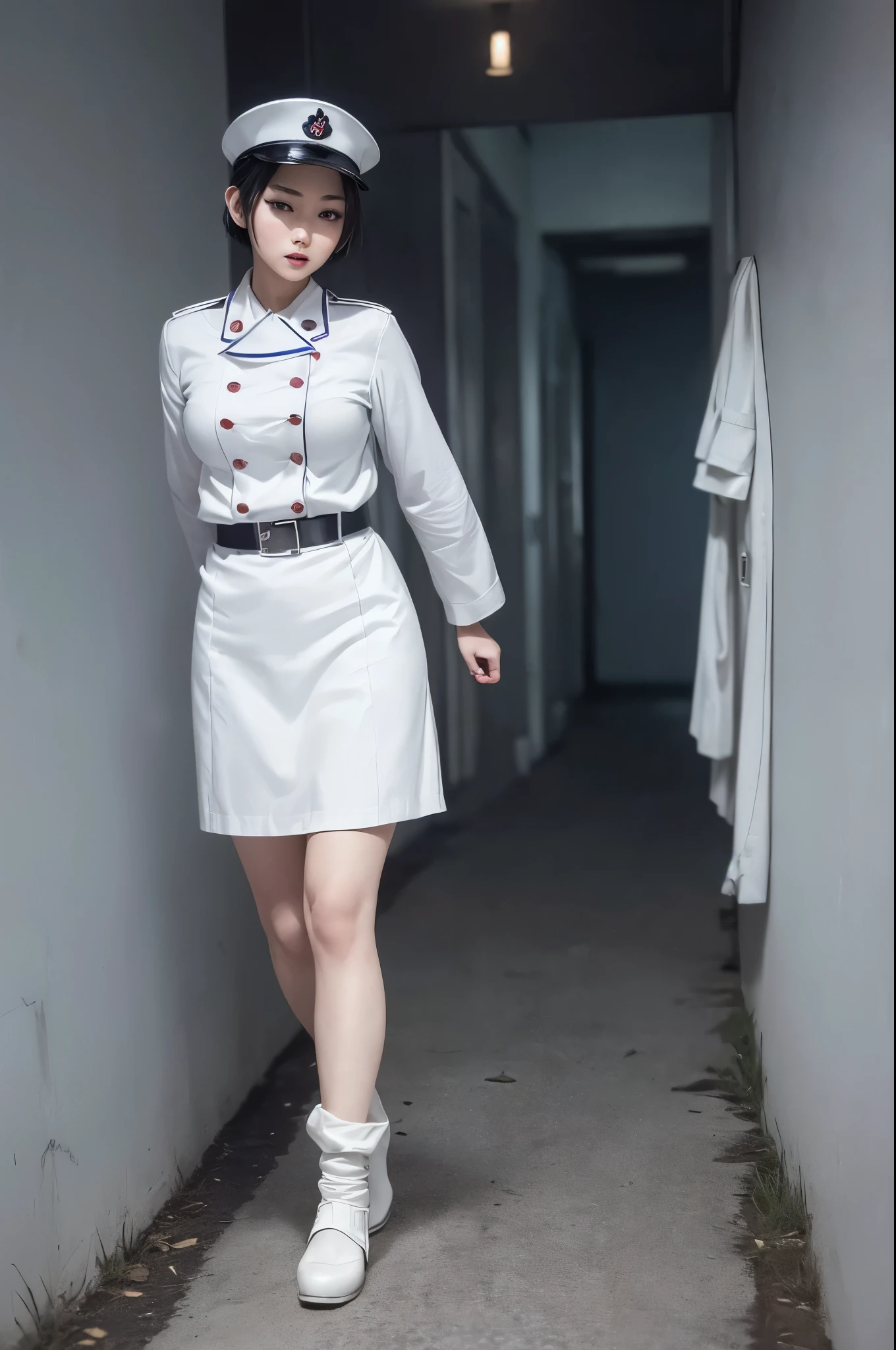 Asian WW2 nurse, ((beautiful face)) (short hair), (makeup), white uniform and nurse's hat, ((full body shot)) runs toward viewer looking back, scared, behind her in the shadows a giant preying mantis, ((deserted WW2 European street)) ((spooky night)), dramatic lighting, (depth of field), ((masterpiece)), ((best quality)), ((highly detailed))