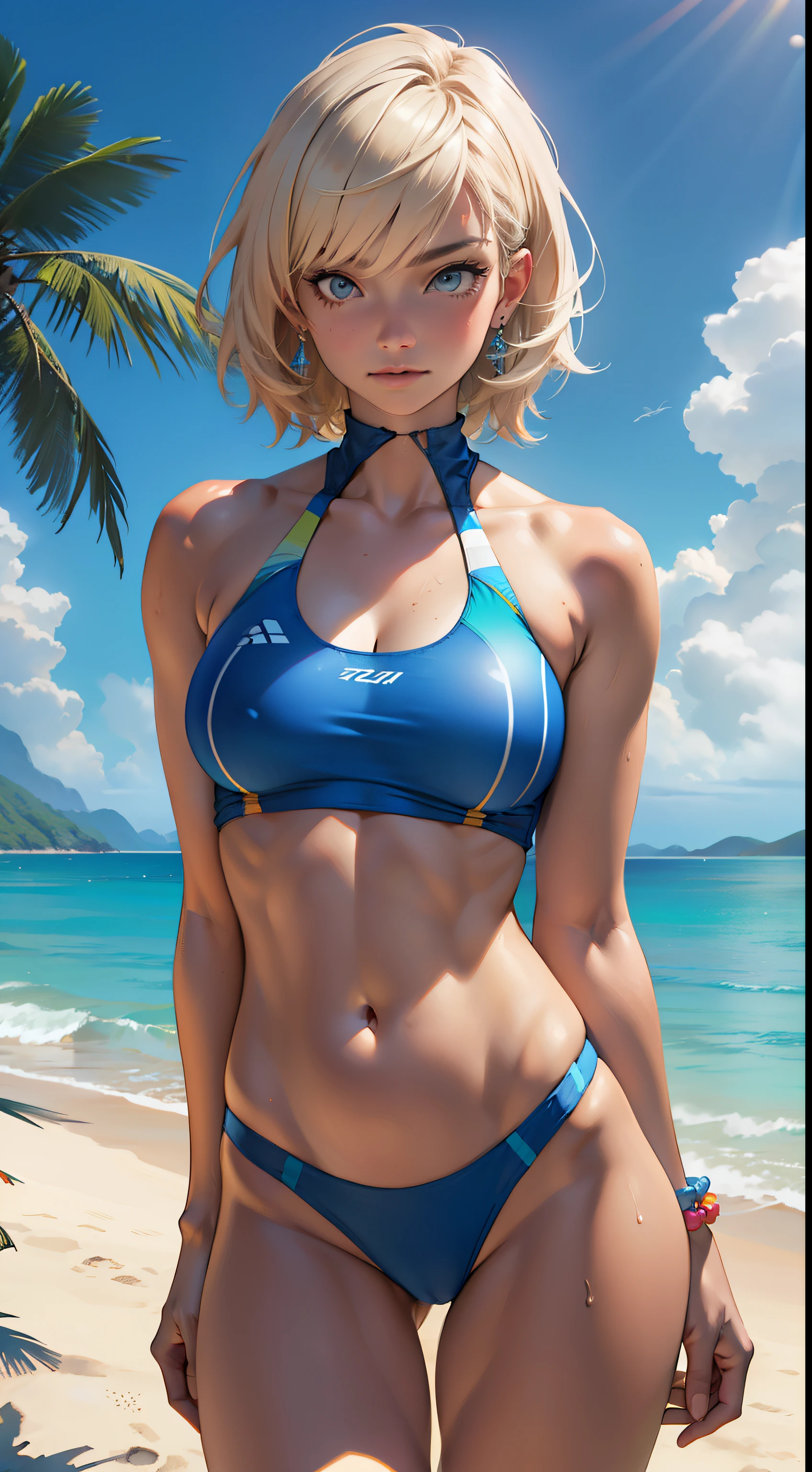 ((Masterpiece)), ((Best Quality)), ((highres)), ((UHD)), ((absurdres)), (1 girl), ((super detail)), ((high details), ((dramatic lighting)), blushing, smile, green eyes, bob cut, bangs, blonde hair, short hair, (white micro bikini), (beach), gorgeous girl, huge breasts, cleavage, gorgeous body, glossy skin, vivid colors, full body shot, ((sharp focus)), outdoors, shy, feminine, standing up, ((anatomically correct)), ((award winning)), ((hands behind back)), blue sky, navel, seductive, alluring, sexy, perfect face, perfect female figure