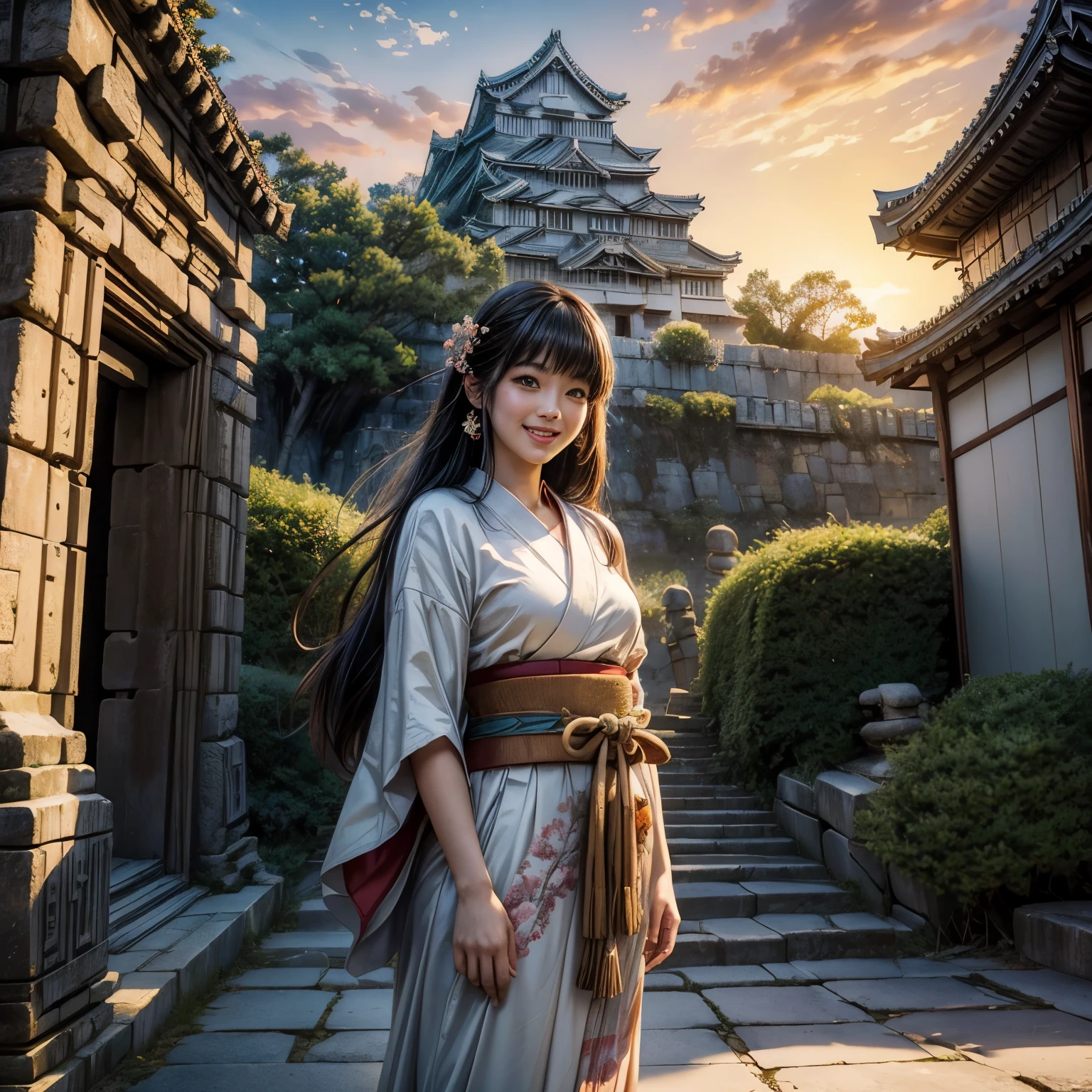(Ancient City at Sunset:1.5),(Japanese traditional art painting), the ancient Japanese ruins of the ancient city, with the entire castle, moat and white wall as the background, no one in the scenery, the bright sunlight slanted on the ancient city and the square in front of the entrance of the ancient tower, and occasionally a group of pigeons appeared on the ground Foraging forms a harmonious scene where humans and animals live in peace. The pond in the ancient city is in full bloom, and the gazebo in the middle of the pond is cool and refreshing, which makes people feel refreshed. In addition, the ancient stone road in the courtyard and the blooming cherry trees, The maple trees are set off by fallen leaves, and the ground is clean and spotless. Occasionally, 2-3 lovely young and beautiful japanese girls in traditional Japanese kimonos appear, laughing and laughing while walking, as if dizzy from time-space confusion, feeling like Epic picture scenery, (extremely detailed oil painting: 1.2), glow effects, godrays, hand painted, render, 8k, octane render, cinema 4d, blender, (dimmed lights at night, ancient city completely without tourists, everywhere Landscapes, ancient castles, white wall, ponds, gazebos, blooming cherry blossoms, and maple trees that are falling leaves make people feel relaxed, harmonious, happy, and joyful atmosphere, 4k ultra-detailed), cinematic, sharp focus, humorous illustrations, great depth of field, masterpiece, color, 3D Octane Rendering, 4k, Concept Art, Artstation Trends, Surreal, Vibrant Colors, Extremely Detailed CG unity 8k Wallpapers, ArtStation Trends, CGSociety Trends, Intricate, High Detail, Dramatic, Absurd, ( face_yolov8n:0.3), (((Standing directly in front of the ancient city building, only the whole ancient city building is close-up, imitating the Himeji Castle in Japan:1.4))),