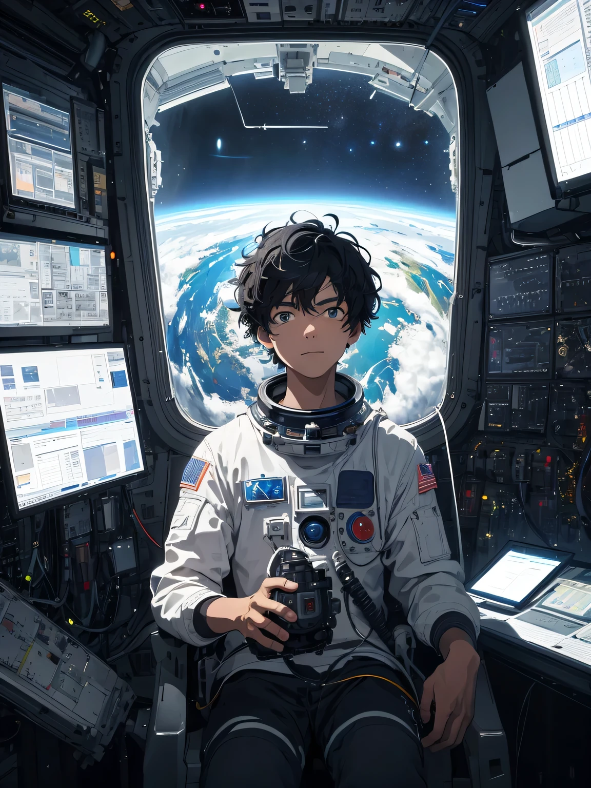 ridiculous resolution, high resolution, (masterpiece: 1.4), Super detailed, Young man with short messy black hair dressed as astronaut, proud expression, Sitting in an extremely cramped and enclosed spacecraft to conduct control operations, Outside the window is space and the universe, you can see the blue planet (1.5), Spaceship control room in space