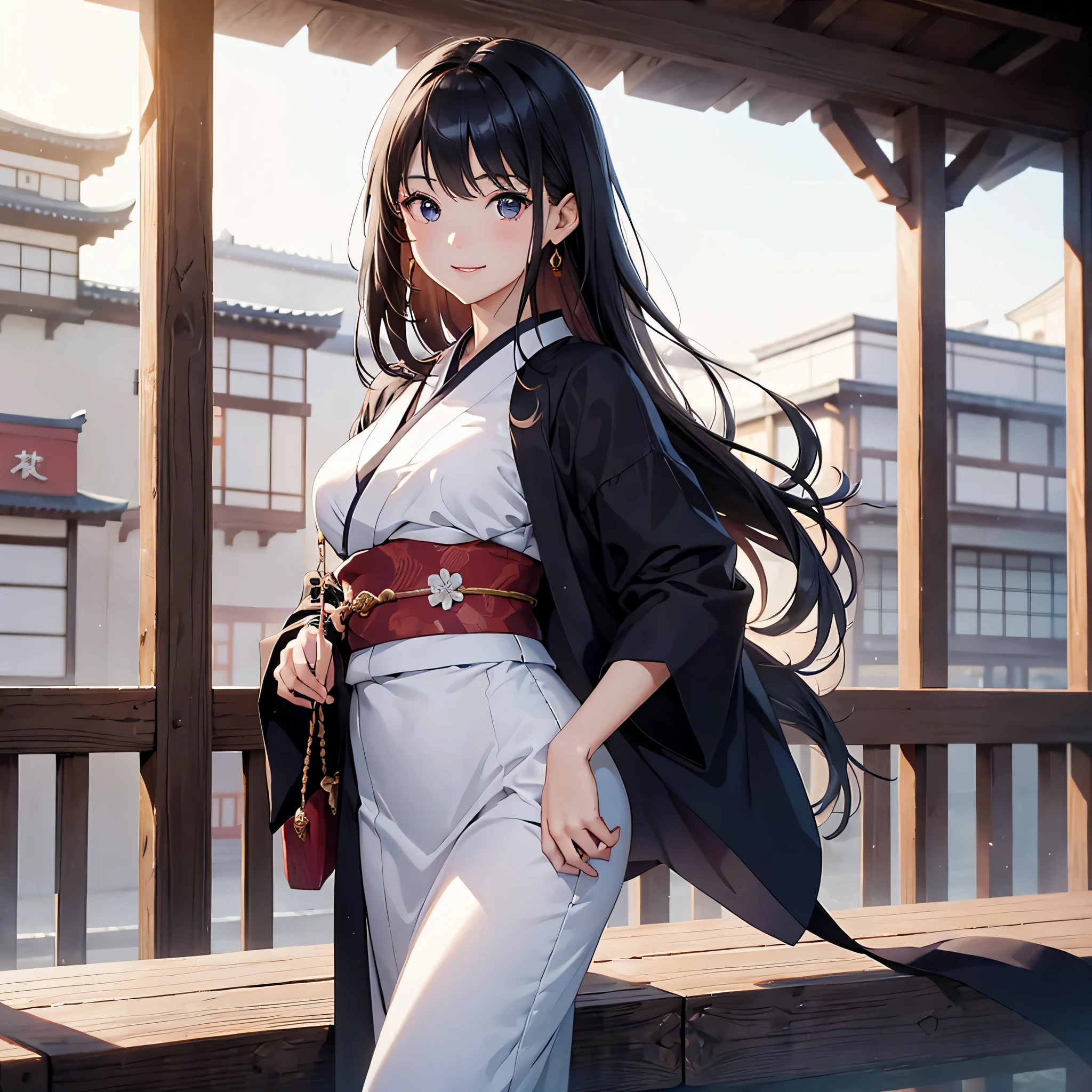 One super beautiful woman、((highest quality、8K masterpiece:1.3))、sharp focus:1.2、(super beautiful face:1.0)、(shiny skin:1.0)、realistic pictures、black hair、video writing、High resolution eyes and face、The front side of the middle breasts of Japanese idol actresses、shy smile、The beauty of slender abs、whole body、wearing a suit、、wearing a kimono、luxury obi、At work