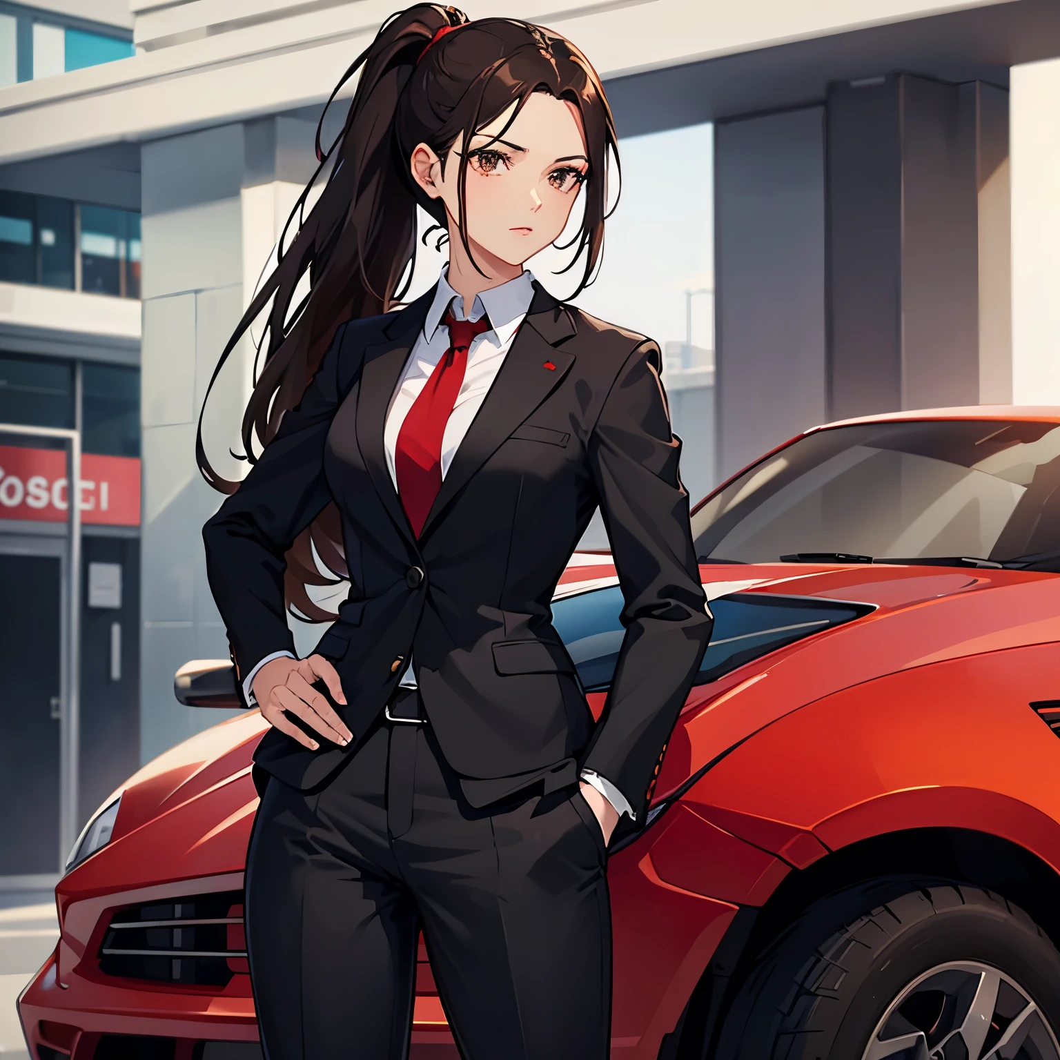 dark brown hair dark brown eyes black business suit small breasts red tie black color bag ponytail 27 years old pants front