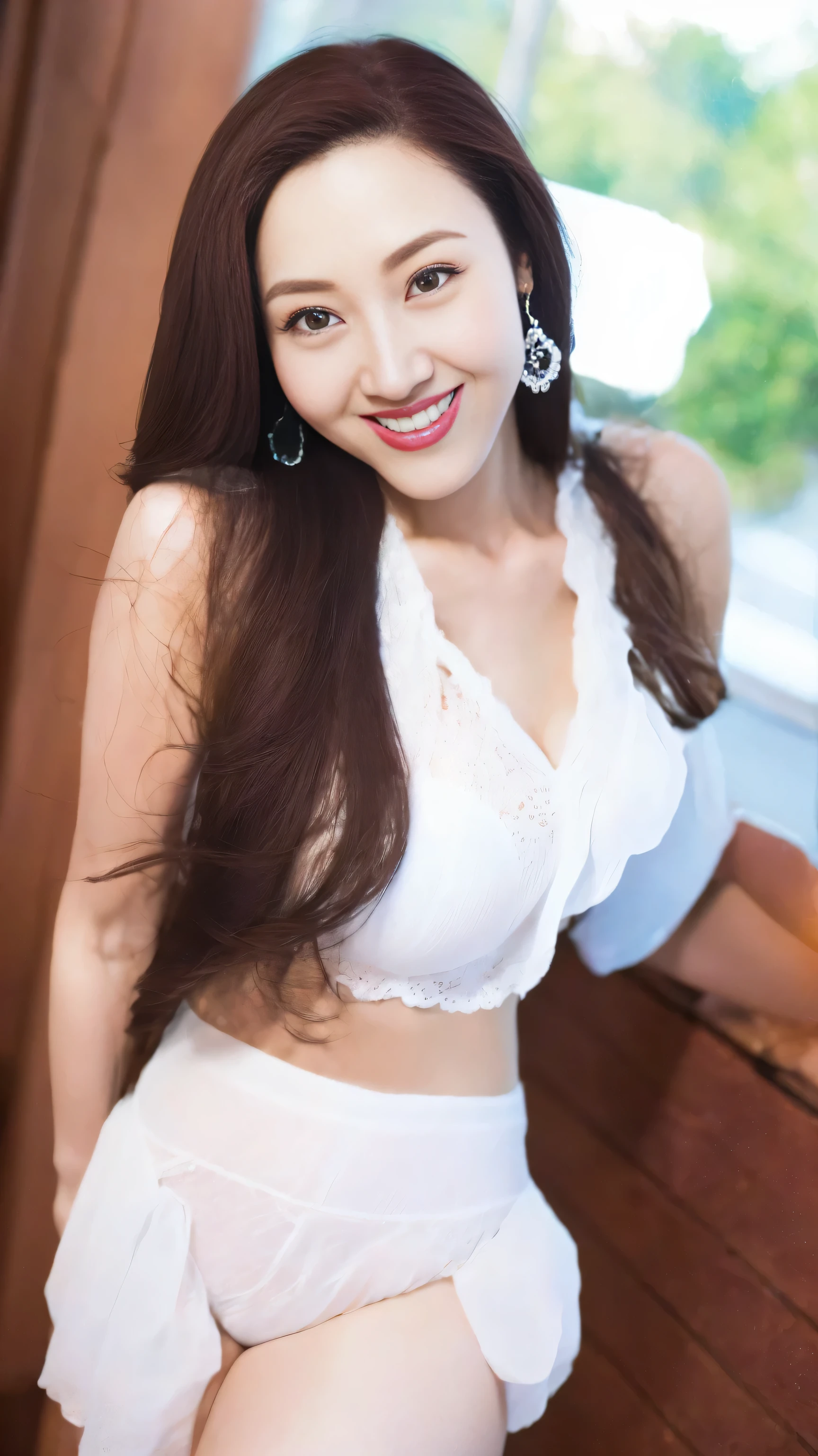 nice images，clear focus，perfect brown eyes，bright red lips，long hair，Home，Look head-on，full pose，wonderful faces..，It looks beautiful。，(((White hollow sexy underwear)))，((Smile is gentle and charming)),extra focus，Radiant face，facial details，8K resolution，