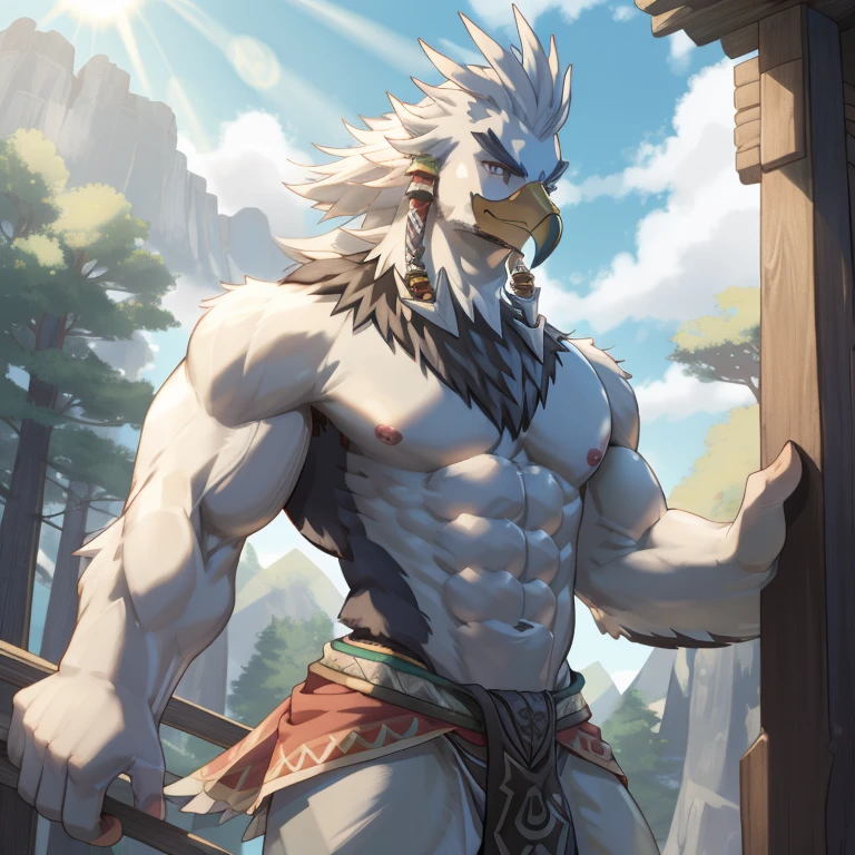 zelda breath of the wild,Teba,male,Birdman,,featheredwings,手臂是鳥wing,aldult,alone,4K,best quality, whole body,looking at the audience,slim body,wing,,hairy body,bird tail,Upper body exposed,bared  chest,Hairy chest,Pink nipples,Six-pack abs, biceps,anatomically correct,Delicate fur,pride,soft shadow,Majestic detailed face,High quality eyes,brown eyes,black pupils,,Grandiose,Valiantary,Loincloth,Smile confidently,Strong,mature,Blue sky and white clouds,The sun shines,forest background