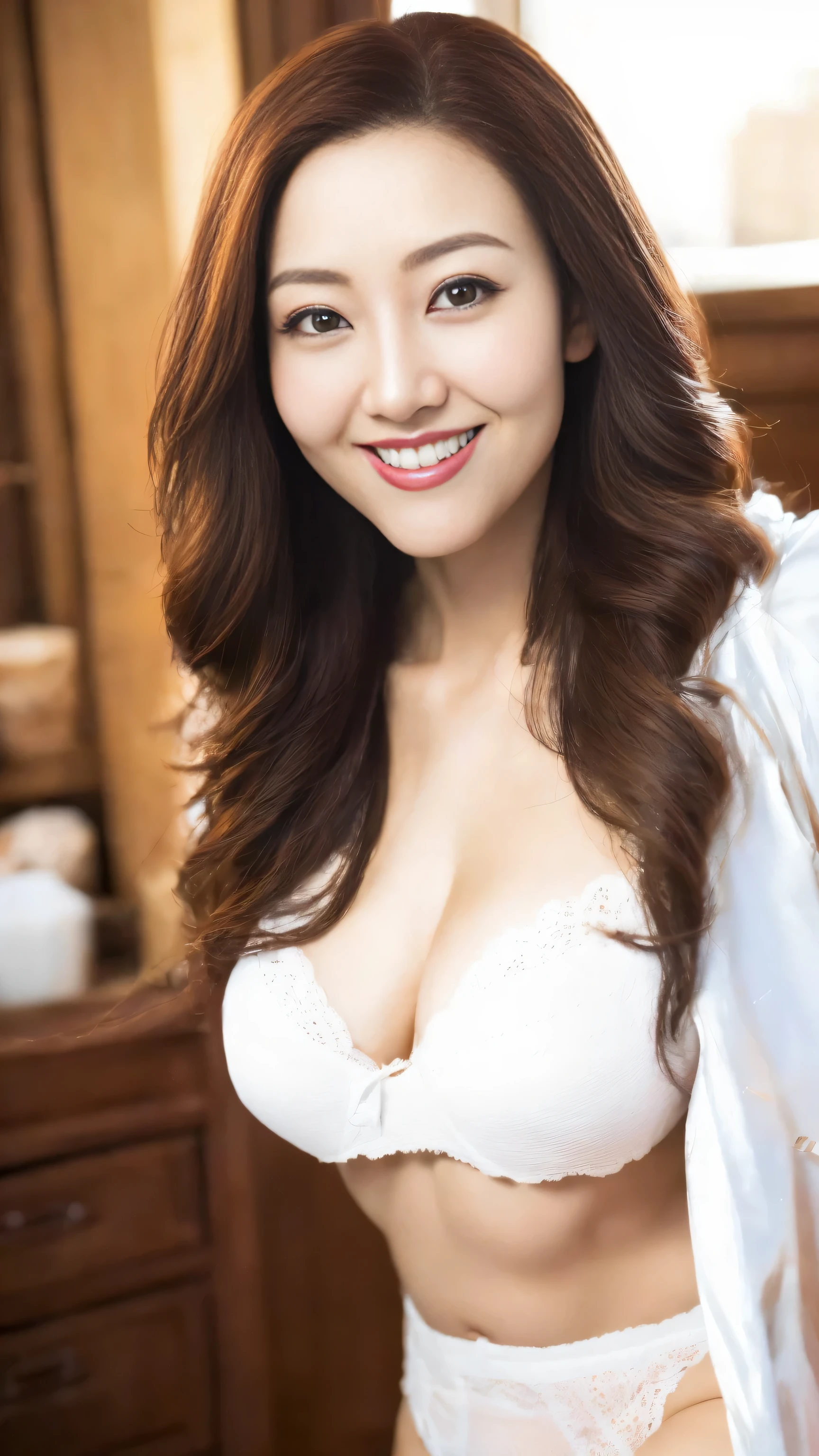 nice images，clear focus，perfect brown eyes，bright red lips，long hair，Home，Look head-on，full pose，wonderful faces..，It looks beautiful。，(((White hollow sexy underwear)))，((Smile is gentle and charming)),extra focus，Radiant face，facial details，8K resolution，