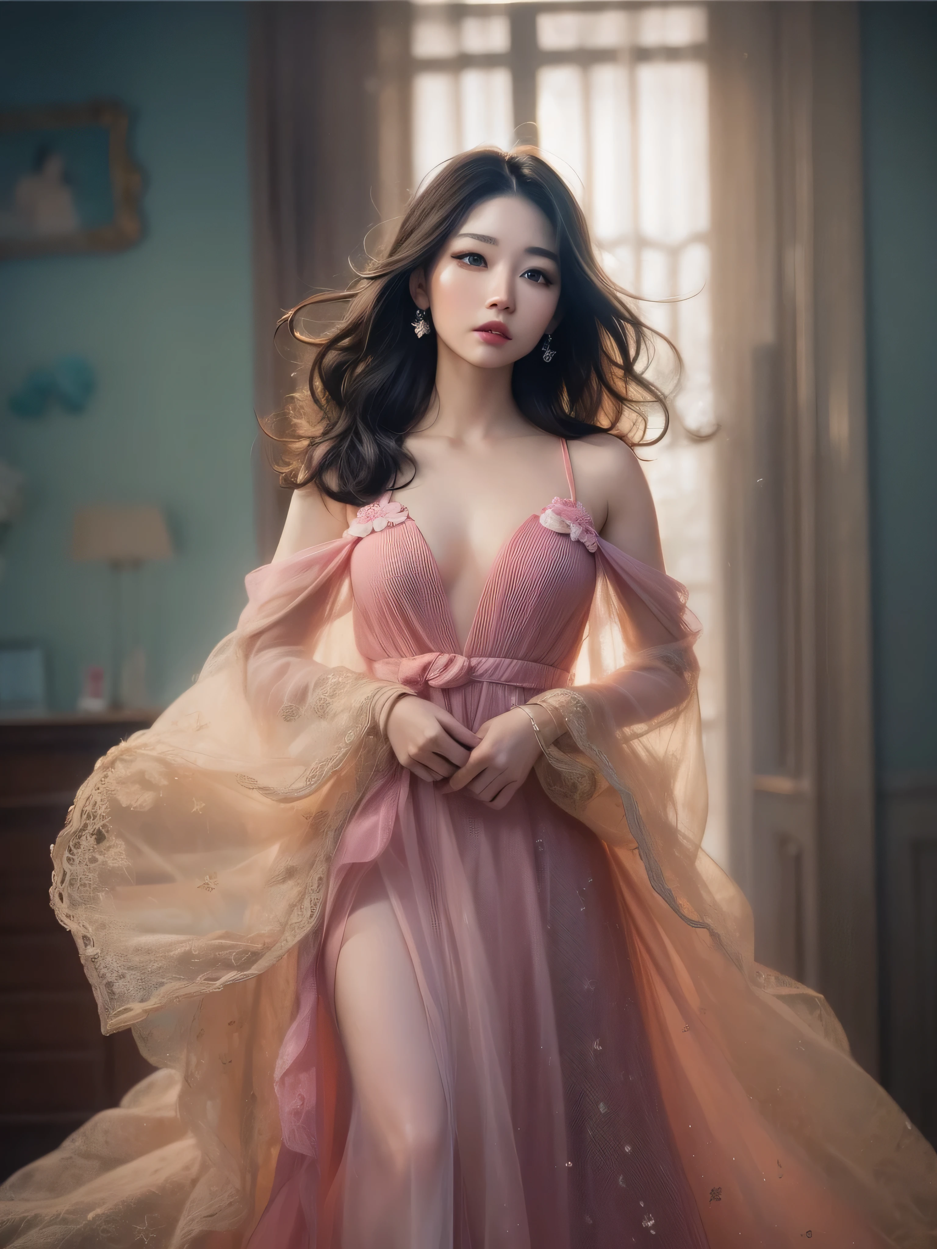 full body shot Lin is super model korean woman, Lin long hair blue eye red lips in the style of kim min young shu bin, elegant, emotive faces, in pink airy sheer evening dress, cinematic, high contrast, cinematic lighting, extreme detail, portrait, highly detailed, realistic, hyper realism