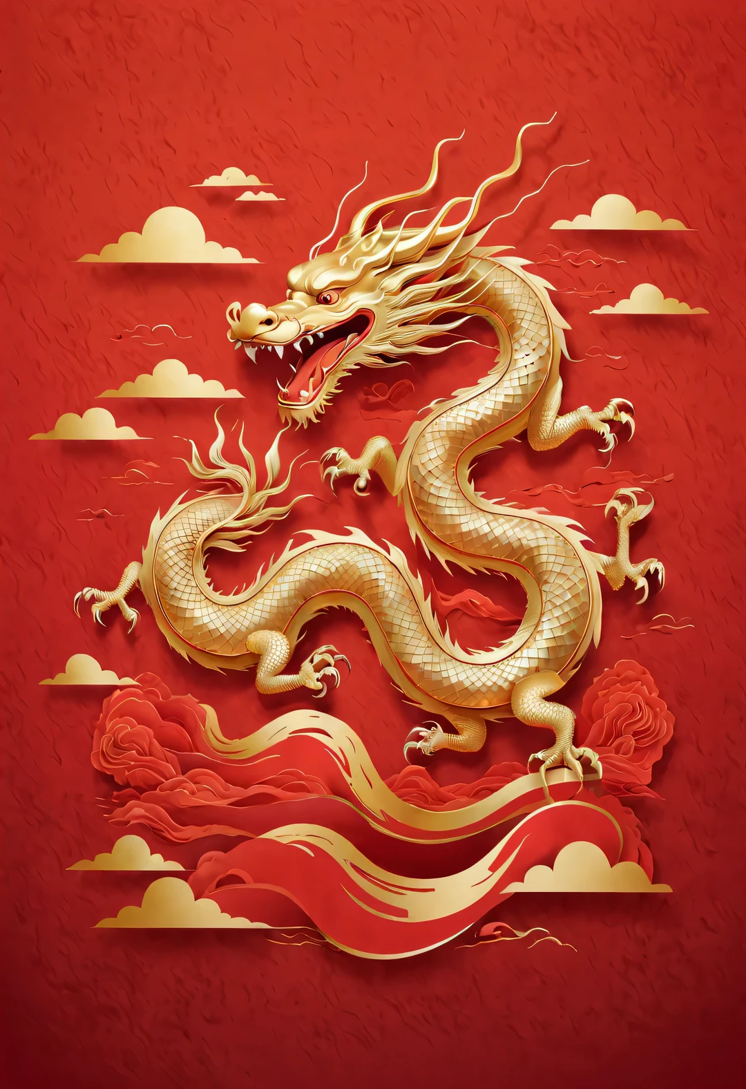 Sketch style, Simple golden negative space on Chinese red background, Smiling happily and cutely, Minimalist Chinese dragon walking, dynamic action, golden english thin line "Marine art" Width, "Marine art."
flat, vector, clip art, Greg Staples style, Opat,