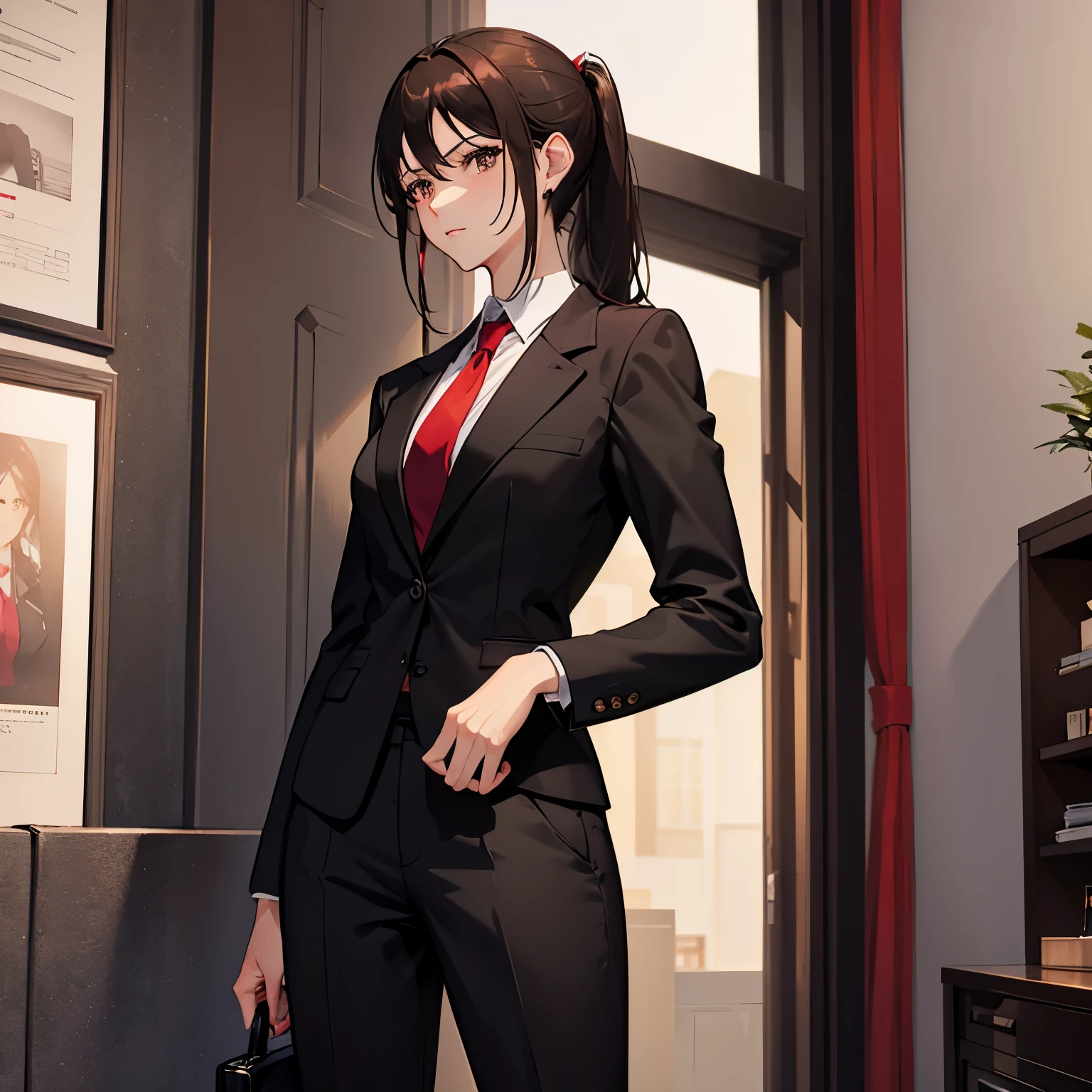 dark brown hair　dark brown eyes　black business suit　small breasts　red tie　　black color bag　ponytail　27 years old　pants　front　