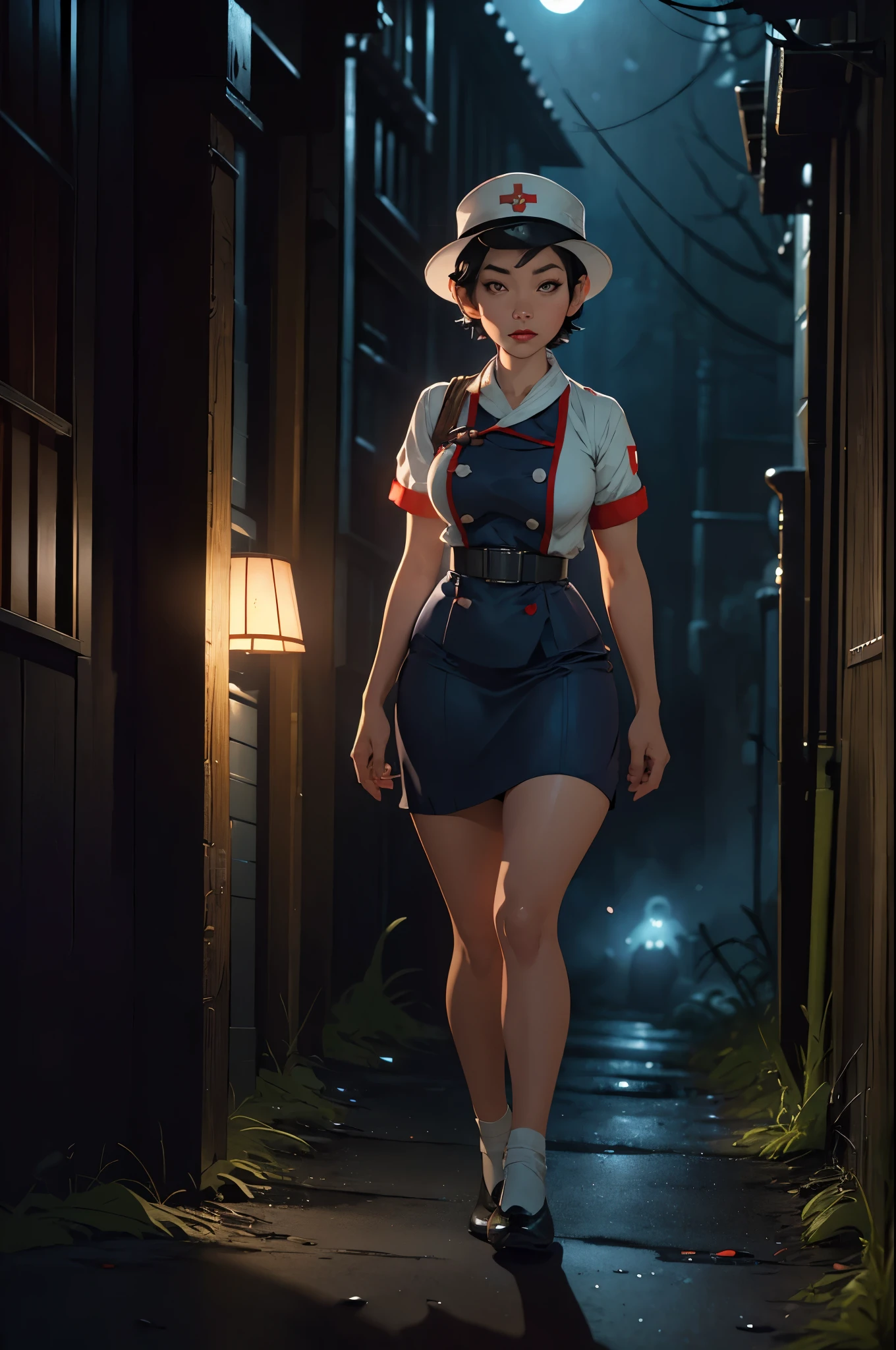 Asian WW2 nurse, ((beautiful face)) (short hair), (makeup), white uniform and nurse's hat, ((full body shot)) runs toward viewer looking back, scared, behind her in the shadows a giant preying mantis, ((deserted WW2 European street)) ((spooky night)), dramatic lighting, (depth of field), ((masterpiece)), ((best quality)), ((highly detailed))