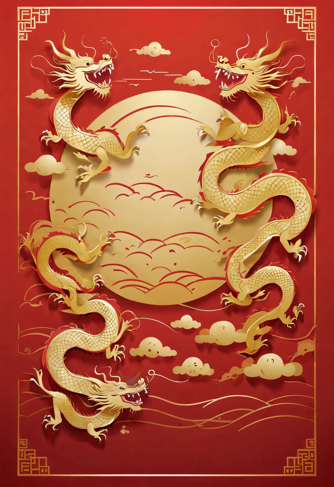 Sketch style, Simple golden negative space on Chinese red background, Happy laughter and cuteness, Minimalist dynamic action of Chinese dragon striding and walking, golden english thin line "Marine art" Width,
flat, vector, clip art, Greg Staples style, Opat,