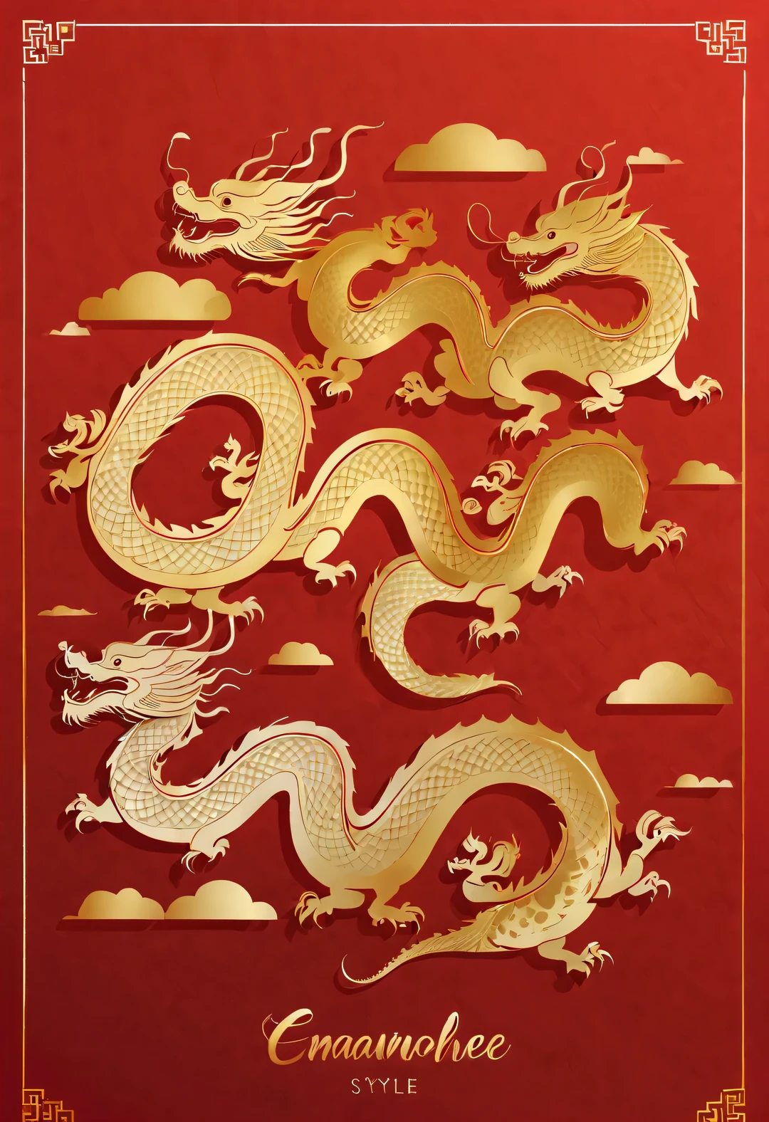 Sketch style, Simple golden negative space on Chinese red background, Happy laughter and cuteness, Minimalist dynamic action of Chinese dragon striding and walking, golden english thin line "Marine art" Width,
flat, vector, clip art, Greg Staples style, Opat,