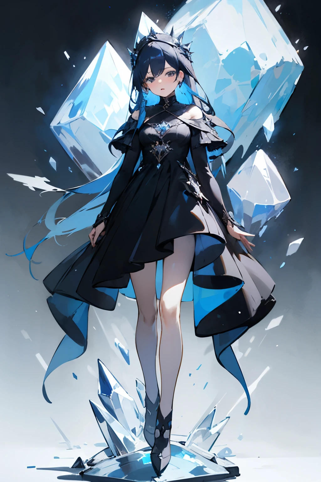 Clothing Planning Theme Winter is Coming,style: dramatic fantasy, color: deep blues, black,dress,Crystal ice flower decoration,Material: silk, wool,Full body front design