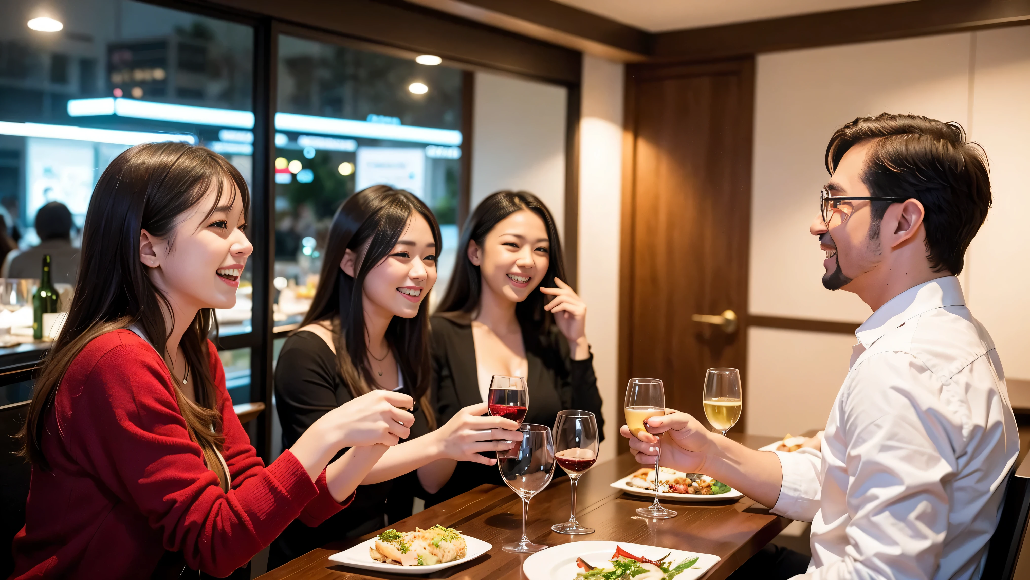 64k, UHD, highest quality, masterpiece: 1.2), (realistic, photorealistic: 1.37), Super detailed, 3 women who love wine、2 wine men、wine banquet、(slimな男女4名),(Wine party for 5 people)、(slimフェイス),Happy、 最高なsmile、Fox Face、Raccoon face、Berry Short、(because I&#39;thin), (brown hair), (shortcut), long sleeve shirt、winter fashion、Colombia、Brazilian、Japanese、Dutch、German、Portuguese、Belgian、Italian、french,champagne、Sparkling wine、 (gush), (slimボティ), (brown hair), (shortcut), Neat beauty、cheeks blush a little, (35 years old), 38 years old, alone, A beautiful and detailed night view spreads out outside the window..., restaurant, wine glassが座っている, At night, in a prominent place (from the Upper body) nova frog style, actress, model, Upper body, White wine, slim, wine glass, very beautiful night view, wine glass Put in the Middle, Happy smile, (smile: 1.15), 