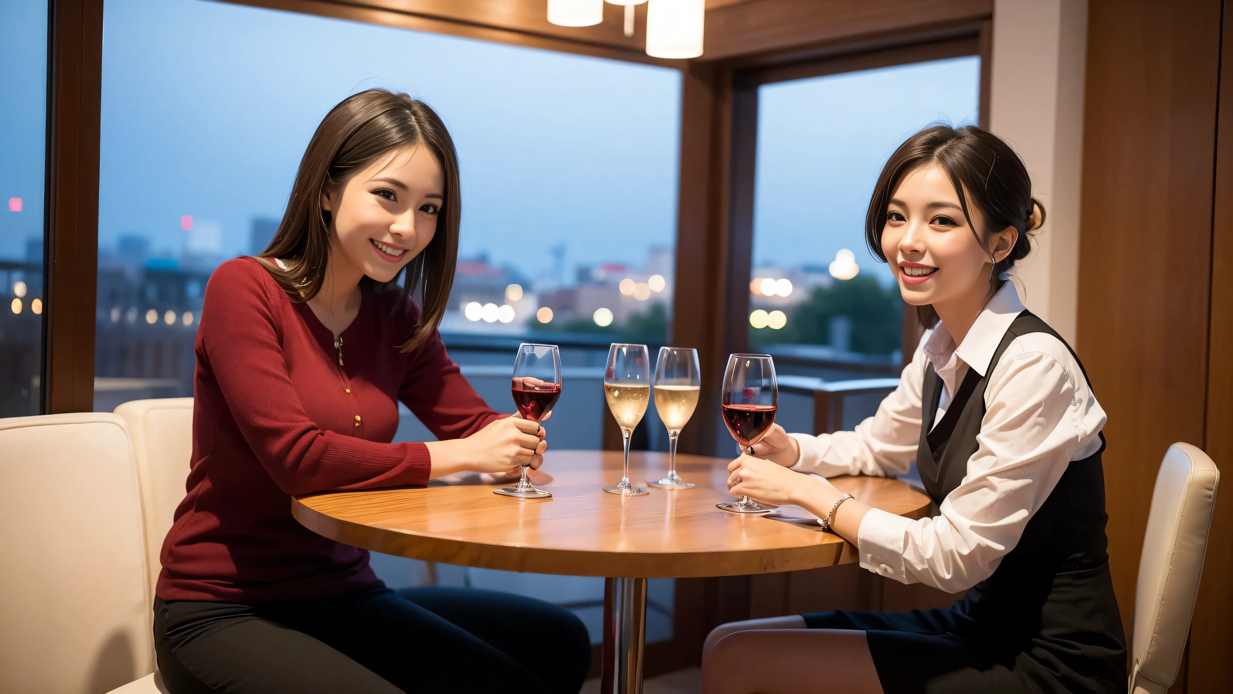 ((Highest quality、8K、masterpiece:1.3))、1 male 1 female,37 years old 39 years old、Slim Beauty、Beautiful couple、Upper Body、smile、 (Slim face), (the body is スリム), (Brown Hair), (Shortcuts), テーブルのフルコースディナーとwine glass、Amazing view of the sunset sky and clouds、smileの美しさ、Wine bottle、sparkling wine、Long sleeve shirt、dress、White wine, red wine, wine glass, Beautiful fine grain, Depth f/2,saturation, High Contrast, Strong light and shadow,Moist Body:1.5、 texture、The hair is very shiny、
