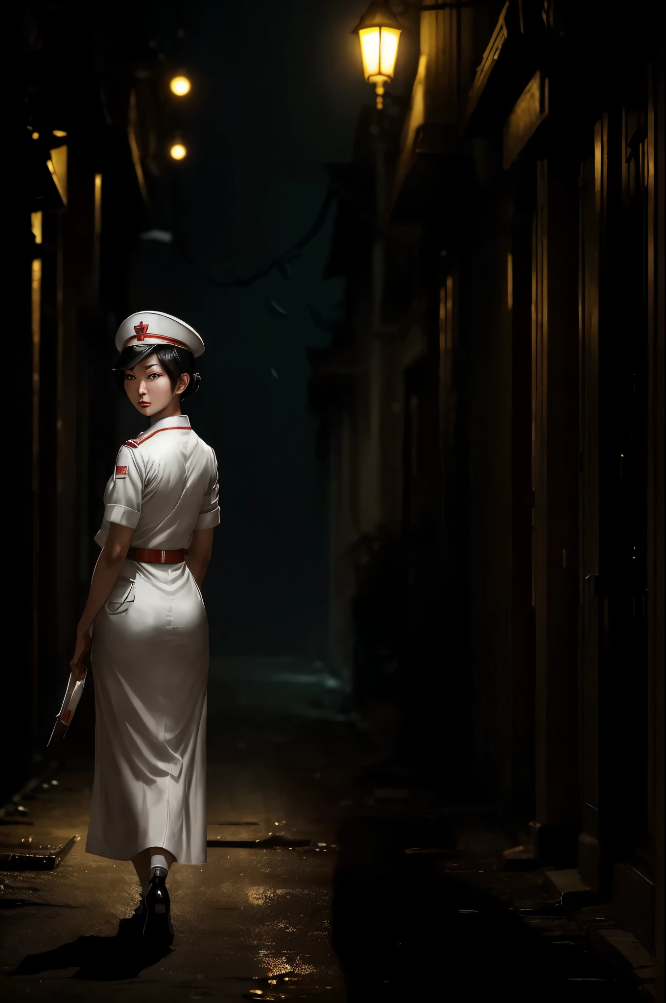 Asian WW2 nurse, ((beautiful face)) (short hair), (makeup), white uniform and nurse's hat, ((full body shot)) runs toward viewer looking back, scared, behind her in the shadows a giant preying mantis, ((deserted WW2 European street)) ((spooky night)), dramatic lighting, (depth of field), ((masterpiece)), ((best quality)), ((highly detailed))
