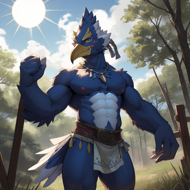 zelda breath of the wild,Revali,male,Birdman,featheredwings,Arms with bird wings and body,aldult,alone,4K,best quality,whole body,looking at the audience,slim body,hairy body,Bird&#39;s tail and upper body exposed,bared  chest,Hairy chest, Pink nipples, Six-pack abs, biceps, anatomically correct,Delicate fur,pride,soft shadow,majestic,Detailed face,High quality eyes,Green eyes,black pupils,Sharp eyes,Grandiose,Valiantary, Loincloth,Smile confidently,Strong,mature,Blue sky and white clouds,The sun shines,forest background