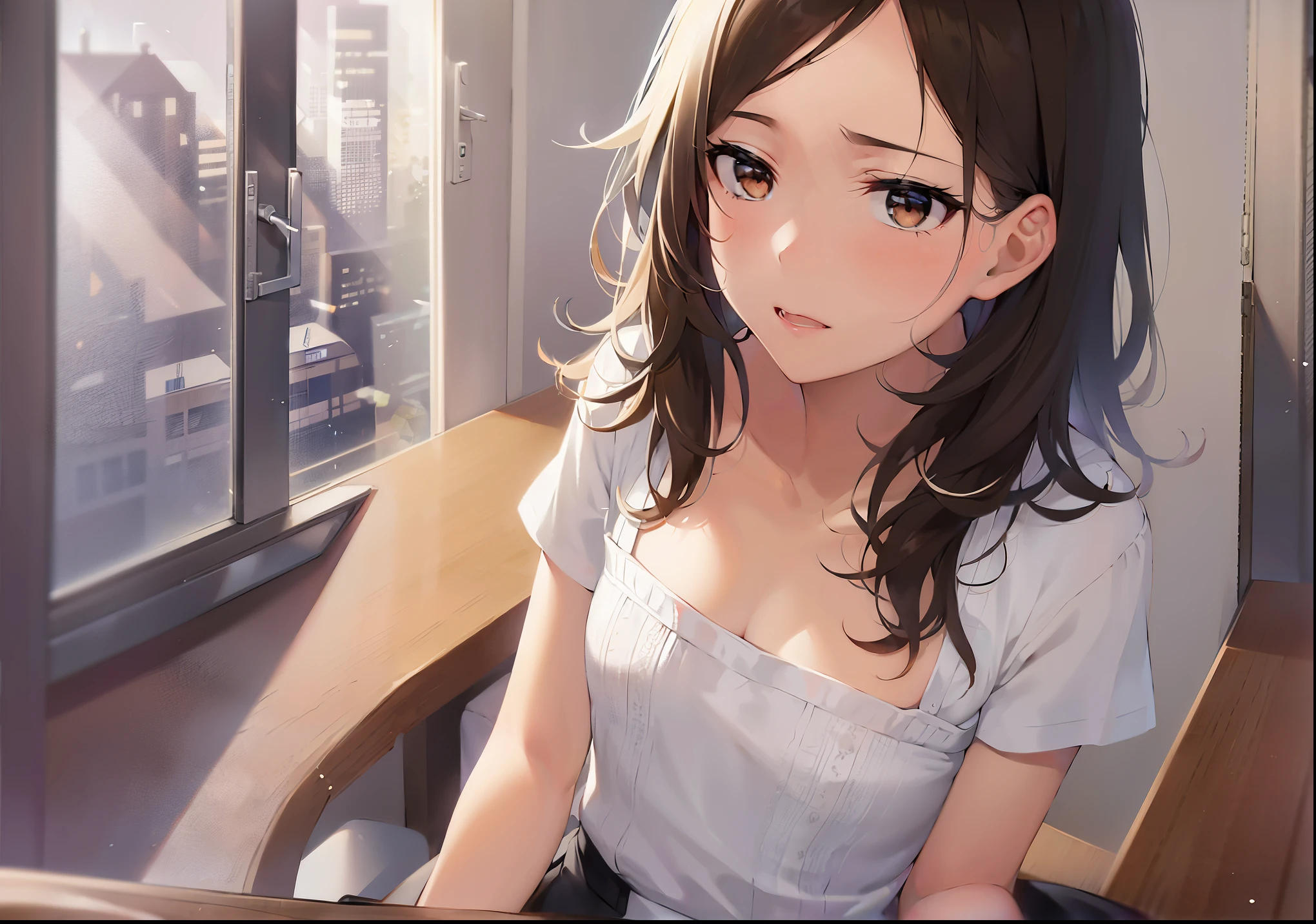 The background is a conference room、window、table、wall