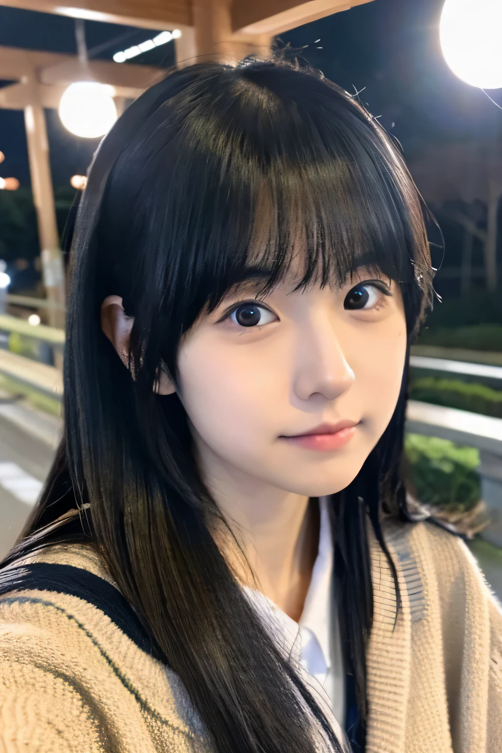 cardigan,long hair,reality,Self snap,Japan, Female college student, black hair, round eyes, round face, cute, 8K,midnight