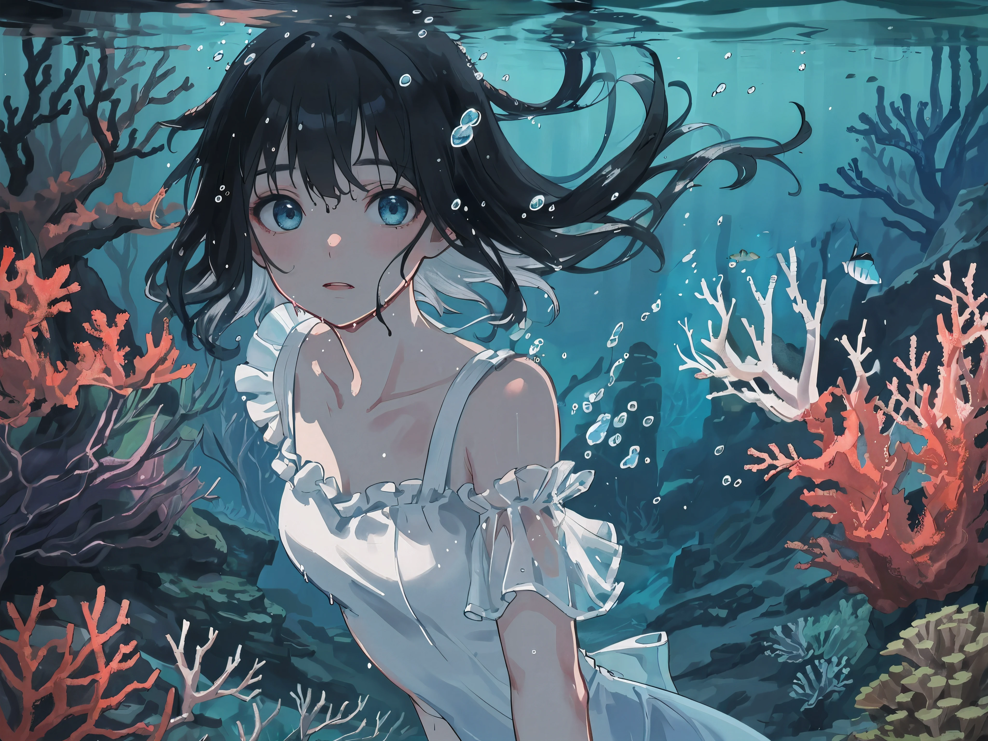(((masterpiece))),(((best quality))),((Super detailed)),((underwater)),(illustration),(Beautiful and delicate water),((coral)),chiaroscuro, open tuck,((Extremely delicate and beautiful girl)),dynamic angle,floating,(Beautiful and delicate eyes),(detail light),(Change),floating hair,glowing eyes,(splash),underwater)),black hair,green right eye,ice blue left eye,White silk long dress, (wet clothes), textured, The best decoration, The best wrinkles, best shadow, feather,nature,(Sunlight),(underwater forest),(painting),(bloom),(Detailed luminescence),(Soaked),seaweed,fish,(((Tyndall effect))),face to face