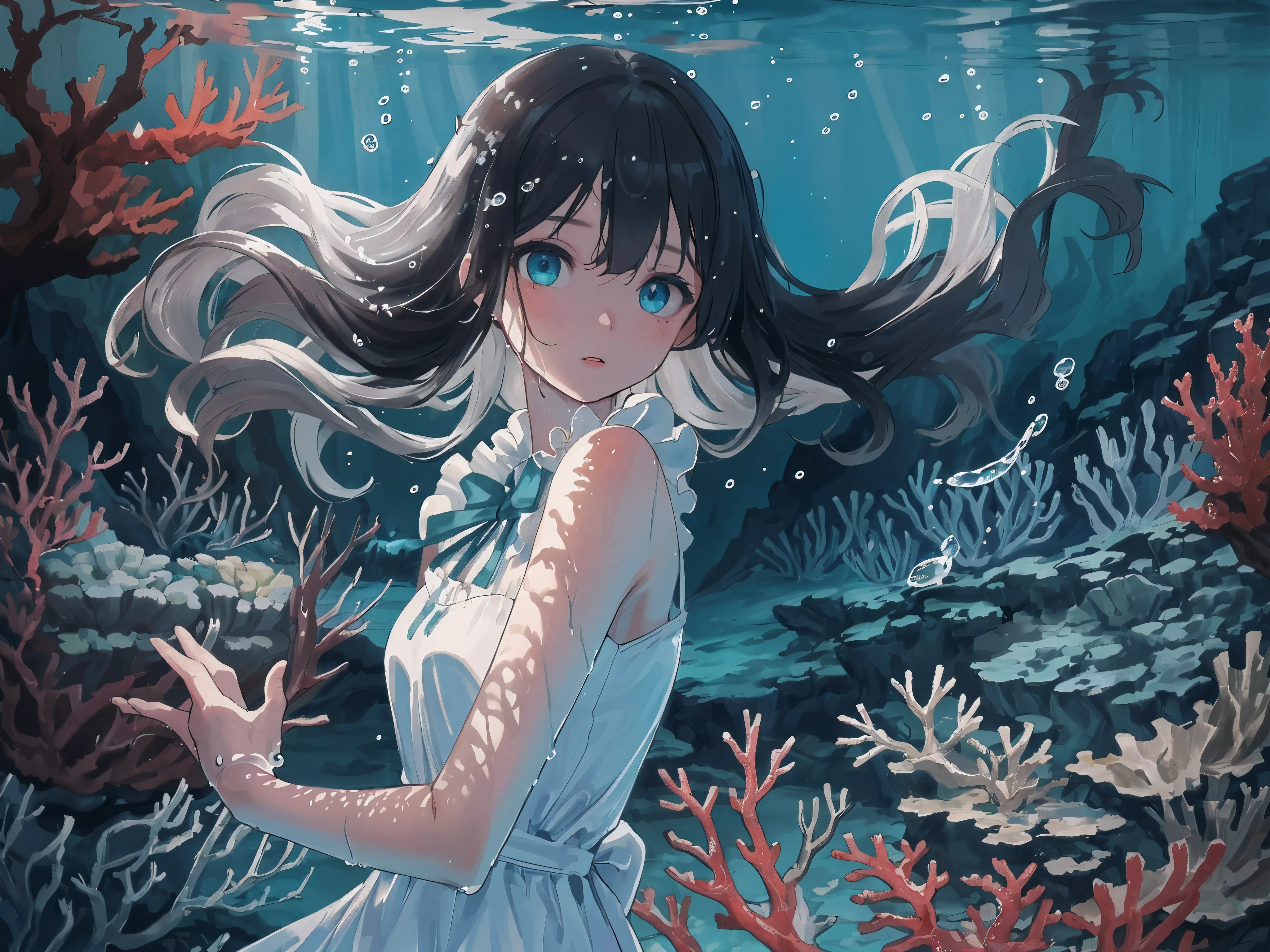 (((masterpiece))),(((best quality))),((Super detailed)),((underwater)),(illustration),(Beautiful and delicate water),((coral)),chiaroscuro, open tuck,((Extremely delicate and beautiful girl)),dynamic angle,floating,(Beautiful and delicate eyes),(detail light),(Change),floating hair,glowing eyes,(splash),underwater)),black hair,green right eye,ice blue left eye,White silk long dress, (wet clothes), textured, The best decoration, The best wrinkles, best shadow, feather,nature,(Sunlight),(underwater forest),(painting),(bloom),(Detailed luminescence),(Soaked),seaweed,fish,(((Tyndall effect))),face to face