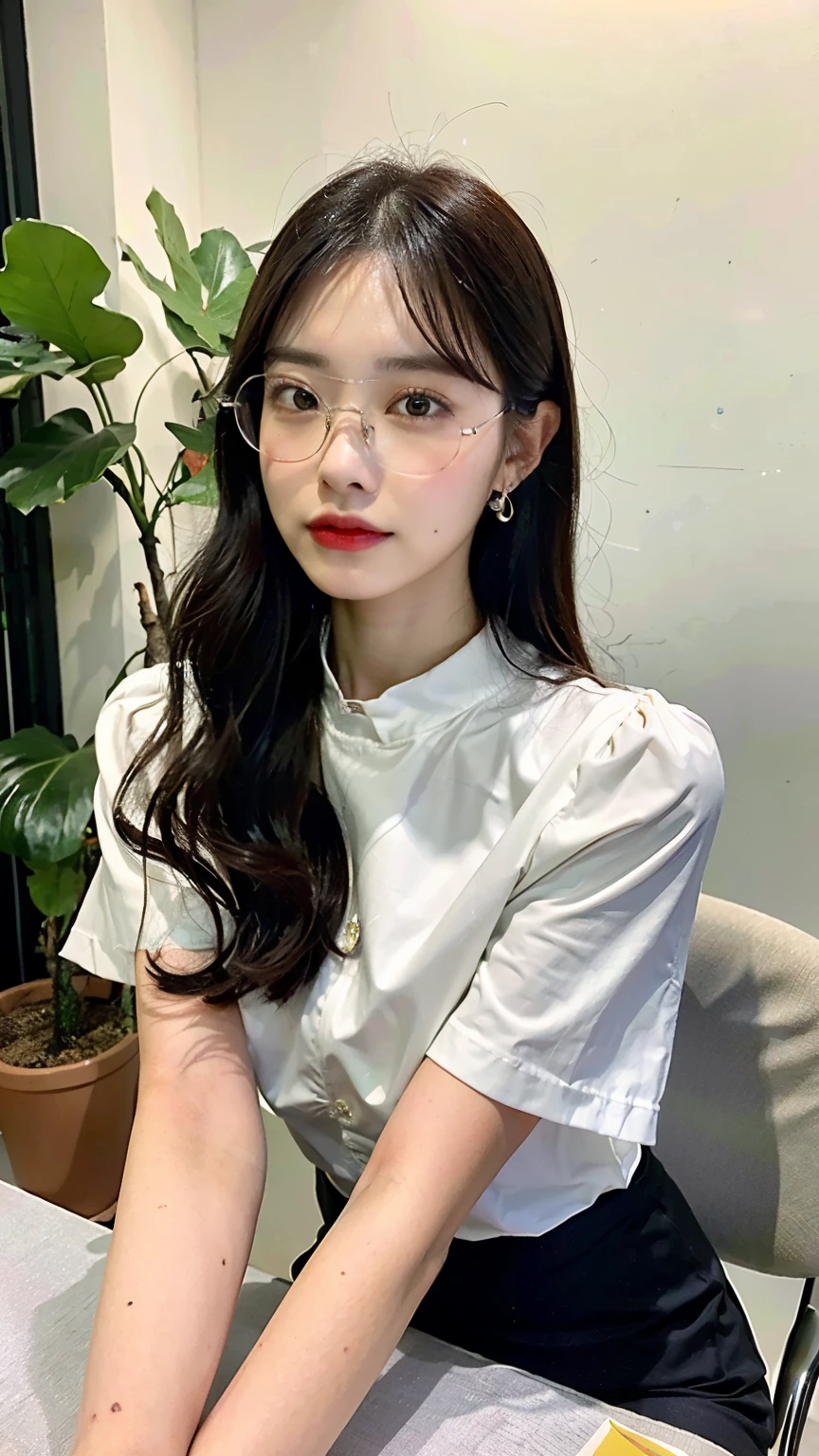 ((highest quality、8K、master pee:1.3、Being in the company、desk、computer、document、wet shirt with collar、pencil skirt、accessories、Foliage plant、Thin silver-rimmed glasses、(())、from the knees up))、1 girl、slim beauty:1.3、super detail face、delicate eyes、double eyelid、Full body Esbian、tanned skin、20-year-old、beaver、
