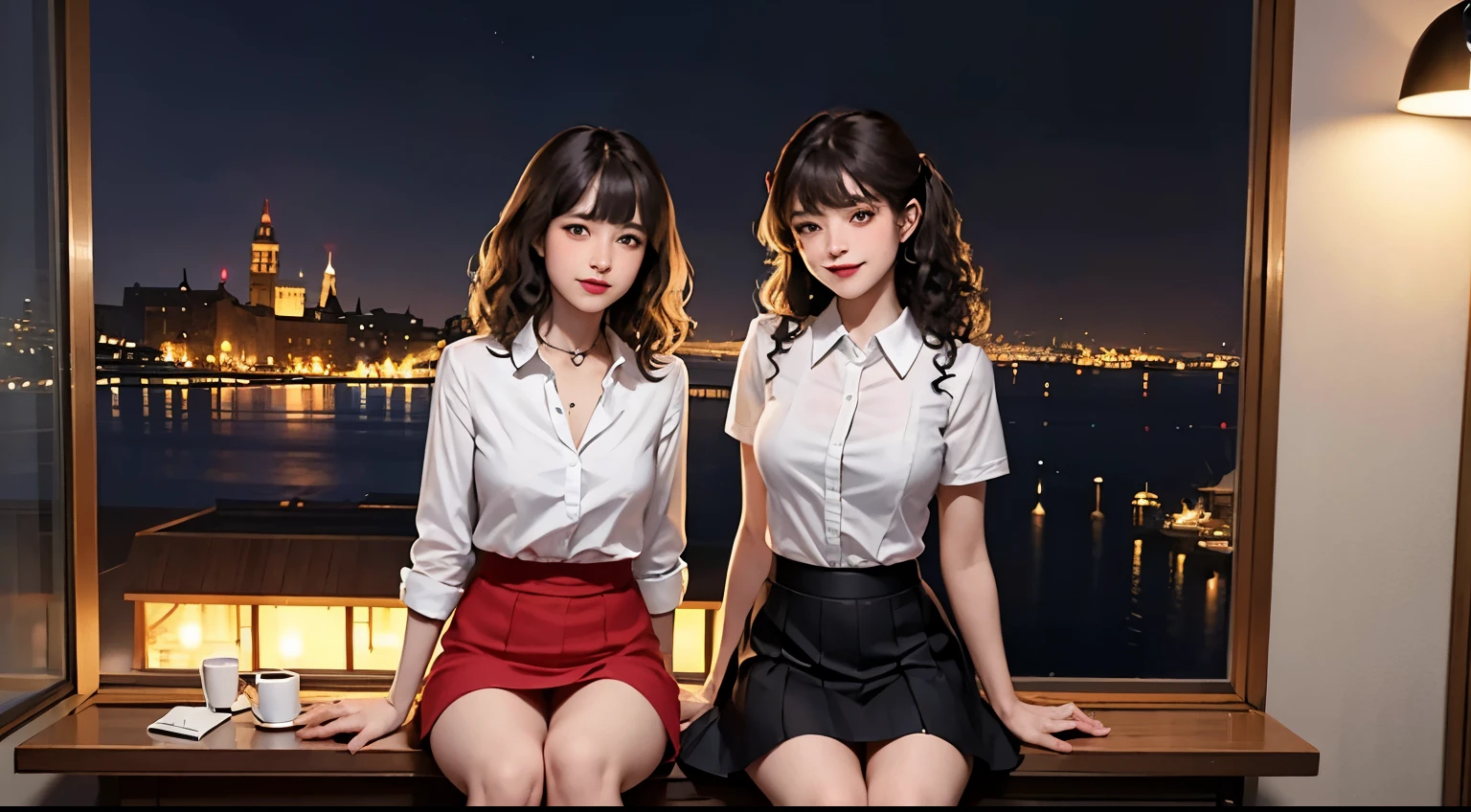 best quality, mini skirt, Smile, red eyes, Colorful tops, , (8k, best quality, masterpiece:1.2), (actual, photo-actual:1.37), Super detailed, whole body, small waist, (2 girls),((:1.2)),(fucking:1.2),Lovely,beautiful detailed sky,Detail of cafe,night,sitting,Dating,(nose blushing),(Smile:1.15),(Grinning) big breasts,(Fantasy breasts), split, Beautiful and delicate eyes,(collared shirt:1.1), night,(curls:1.2),Flowing hair novaFrogStyle, rete, future, naked,(mixed hair),(whole body shot),
