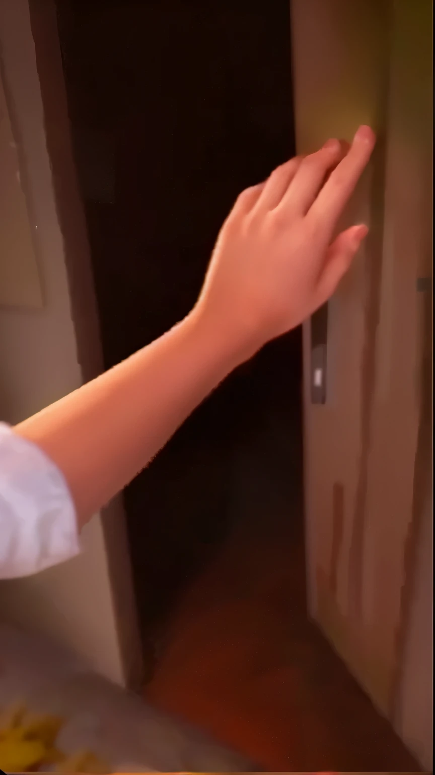 there is a woman that is holding a banana in her hand, cry and stretch out arms, Hand on the doorknob, hands stretched out to her, Close-up of the scene, Hand hidden, Open the door, Screenshots, touch her clothes, About to enter the door frame, The innocent look of the girl next door, rubbing hands!!!, touch, diary on her hand