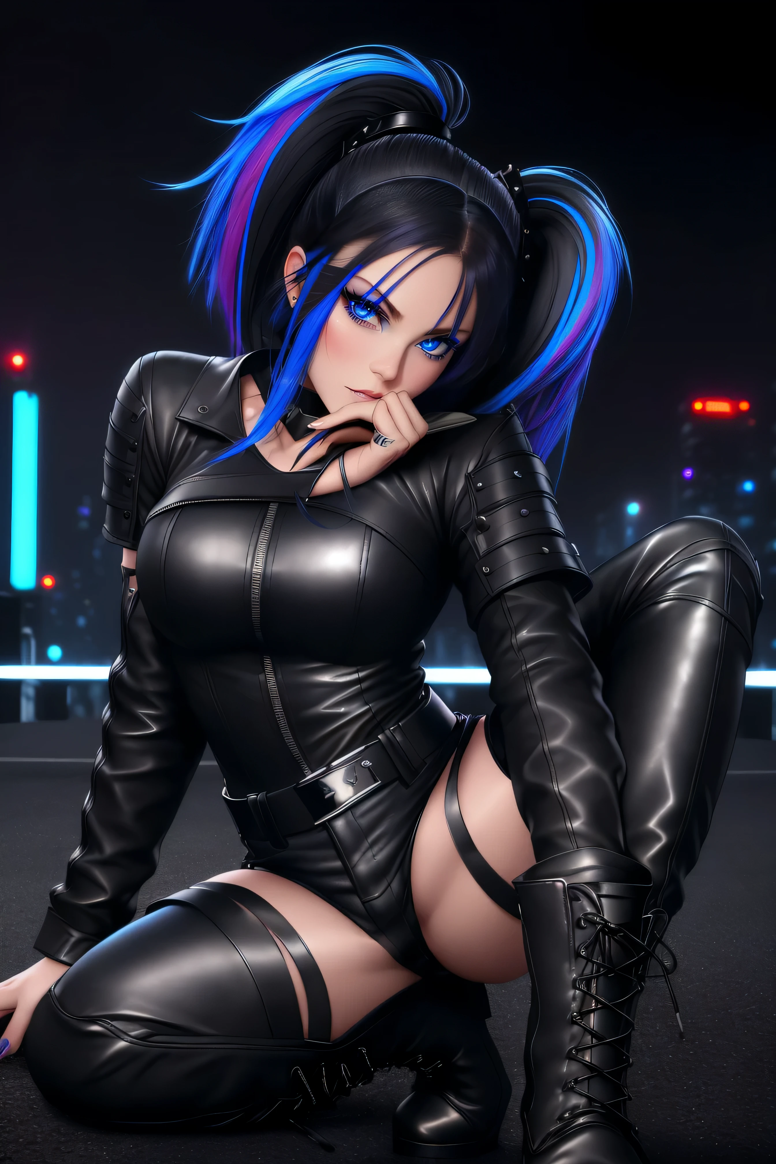  beautiful girl, full body, short bright blue neon streaked dishevelled hair, ((realistic highly detailed eyes:1.4)), ((seductive pose:1.2)), black eyeshadow, (street style wear:1.2), ((tight fitted short pants)), ((thigh high leather boots:1.3)), (dark city night black background:1.4), dark makeup, digital art, trending on artstation, highly detailed, fine detail, intricate, beautiful detailed glow, detailed, Cinematic light, high-res, detailed facial features, sharp focus, smooth, aesthetic,