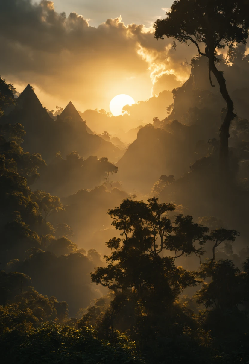 Photo Winner Wildlife Photographer of the Year.Gorgeous Shot from below jungle pyramids Jungle. Sunset Photo against a backdrop of jungle-covered pyramids in an abandoned ancient Mayan city in Guatemala . Monkeys. dramatic chiaroscuro lighting accentuating the scene, crisp focus, lens flare adding depth, 32K resolution, captured with cinematic landscape sensibilities, art station trending, 8K octane render, photorealistic concept art, soft volumetric light crafting an atmospheric cinematic feel, award-winning style, reminiscent of an oil painting by masters like Raphael apturing the vivid details of the scene, canvas embroidered with the techniques of Greg Rutkowski, Loish, Rhads, Beeple, Makoto Shinkai, Edit 8 k art photography , photorealistic conceptual art, soft natural volumetric cinematic perfect light, luminosity, award winning photography, masterpiece.