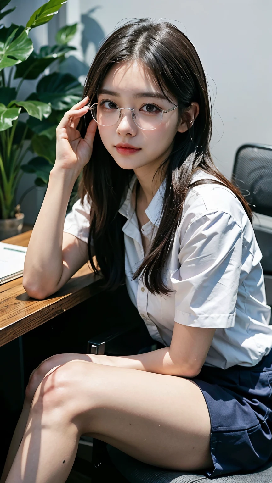 ((highest quality、8K、master pee:1.3、Being in the company、desk、computer、document、office casual uniform、accessories、Foliage plant、Thin silver-rimmed glasses、(())、from the knees up))、1 girl、slim beauty:1.3、super detail face、delicate eyes、double eyelid、smiling face、Full body Esbian、tanned skin、20-year-old、beaver、erotic、sensual look、stare、