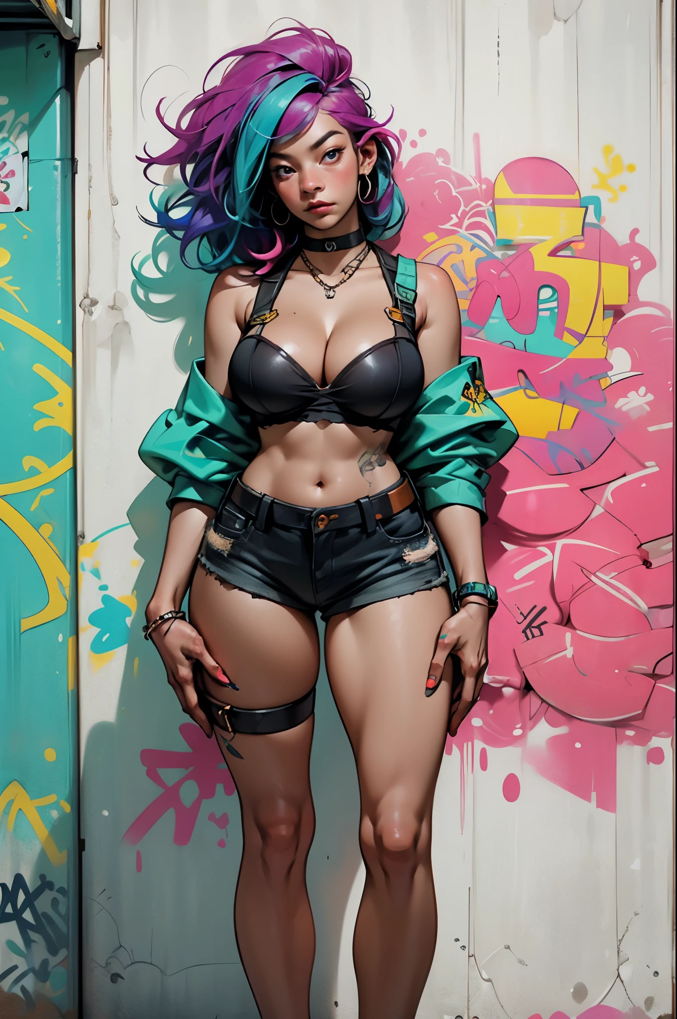 masterpiece, best quality, 1girl, solo, crop top, ((colossal cleavage:1.3)), denim shorts, choker, (graffiti:1.5), paint splatter, arms behind back, against wall, looking at viewer, armband, thigh strap, paint on body, head tilt, bored, multicolored hair, aqua eyes, headset, peepshow, nipslip