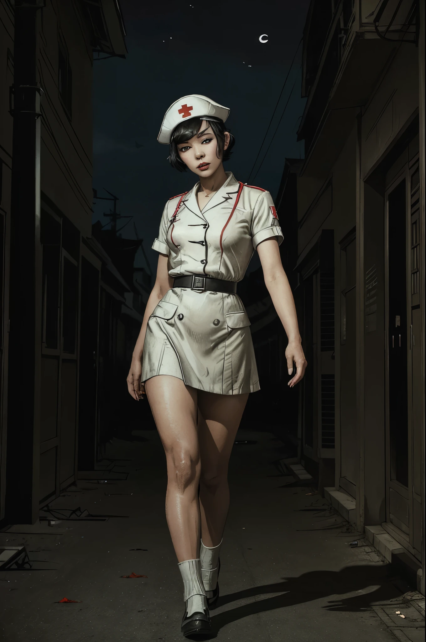 Asian WW2 nurse, ((beautiful face)) (short hair), (makeup), white uniform and nurse's hat, ((full body shot)) runs toward viewer looking back, scared, behind her in the shadows a giant preying mantis, ((deserted WW2 European street)) ((spooky night)), dramatic lighting, (depth of field), ((masterpiece)), ((best quality)), ((highly detailed))