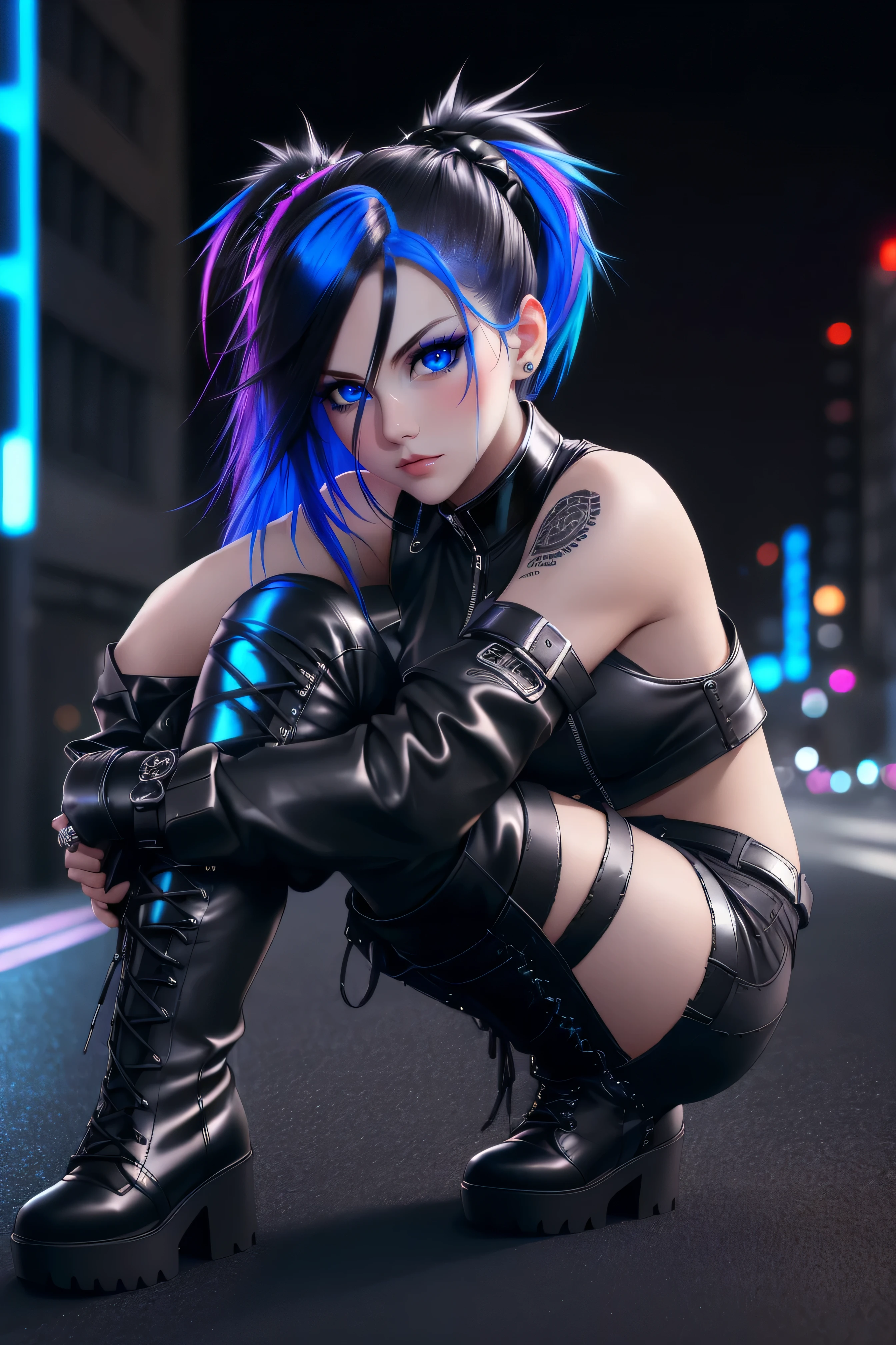 beautiful girl, full body, short bright blue neon streaked dishevelled hair, ((realistic highly detailed eyes:1.4)), ((seductive pose:1.2)), black eyeshadow, (street style wear:1.2), ((tight fitted short pants)), ((thigh high leather boots:1.3)), (dark city night black background:1.4), dark makeup, digital art, trending on artstation, highly detailed, fine detail, intricate, beautiful detailed glow, detailed, Cinematic light, high-res, detailed facial features, sharp focus, smooth, aesthetic,