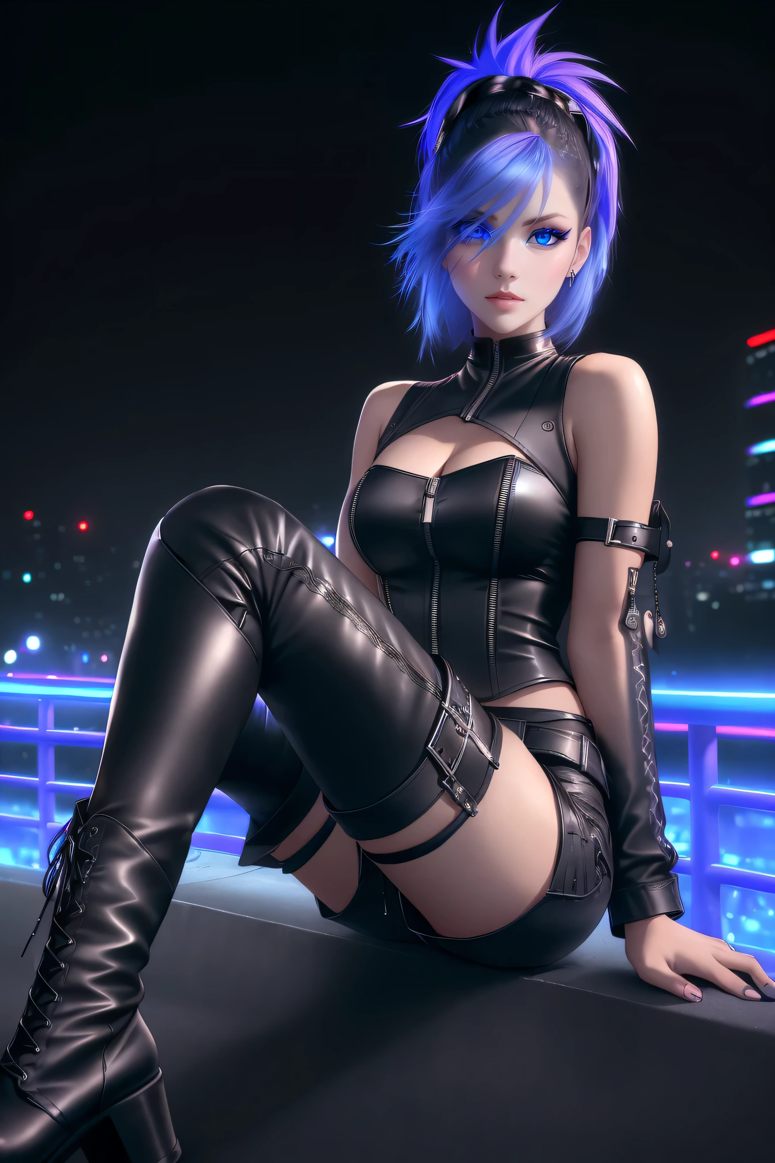 beautiful girl, full body, short bright blue neon streaked dishevelled hair, ((realistic highly detailed eyes:1.4)), ((seductive pose:1.2)), black eyeshadow, (street style wear:1.2), ((tight fitted short pants)), ((thigh high leather boots:1.3)), (dark city night black background:1.4), dark makeup, digital art, trending on artstation, highly detailed, fine detail, intricate, beautiful detailed glow, detailed, Cinematic light, high-res, detailed facial features, sharp focus, smooth, aesthetic,