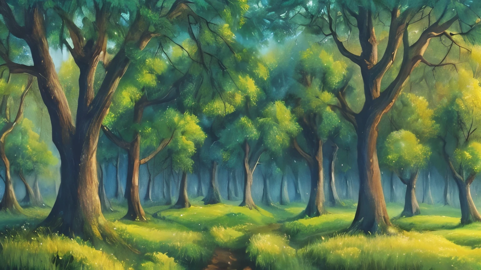 64K, UHD quality painting of a forest with trees and grass, dense vegetations, disney handpainted animation scene background, large tree in foreground
