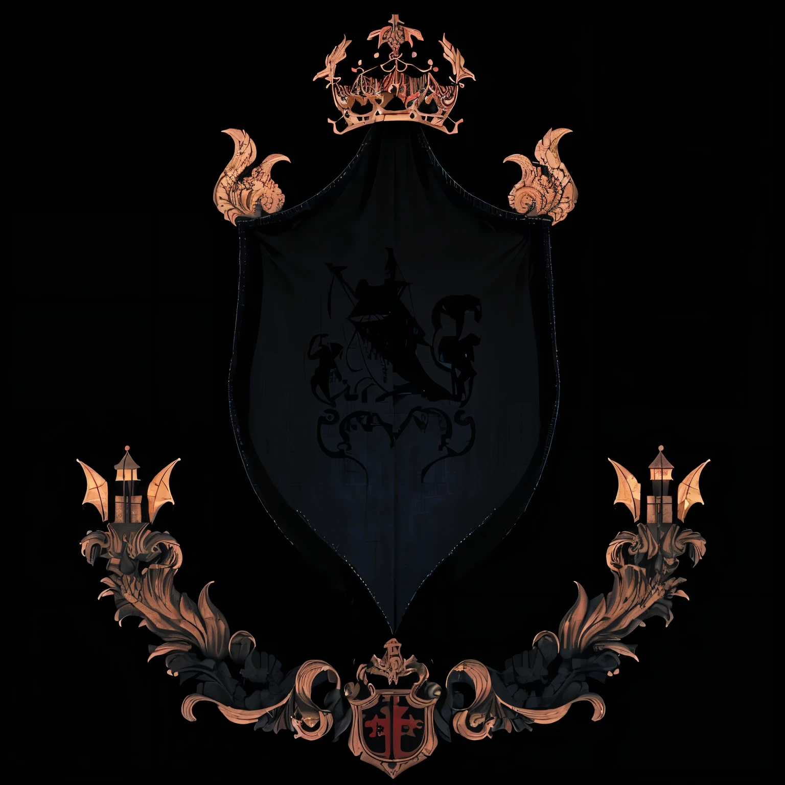 arte de pixel, coat of arms, caveiras,underwater ship coat of arms,A cena,lantern display,sangue espirrado,black background, solid black background