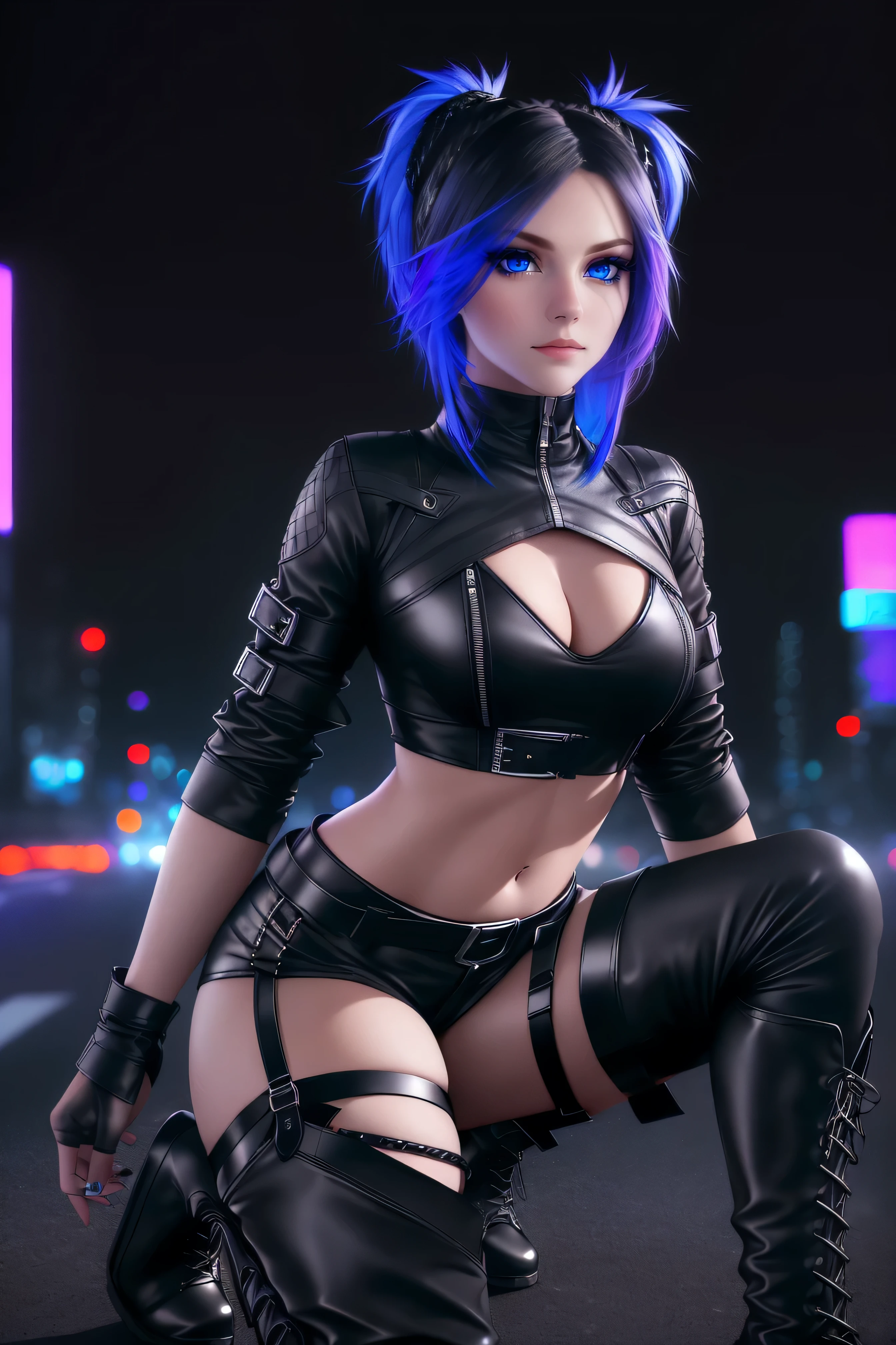  beautiful girl, full body, short bright blue neon streaked dishevelled hair, ((realistic highly detailed eyes:1.4)), ((seductive pose:1.2)), black eyeshadow, (street style wear:1.2), ((tight fitted short pants)), ((thigh high leather boots:1.3)), (dark city night black background:1.4), dark makeup, digital art, trending on artstation, highly detailed, fine detail, intricate, beautiful detailed glow, detailed, Cinematic light, high-res, detailed facial features, sharp focus, smooth, aesthetic,