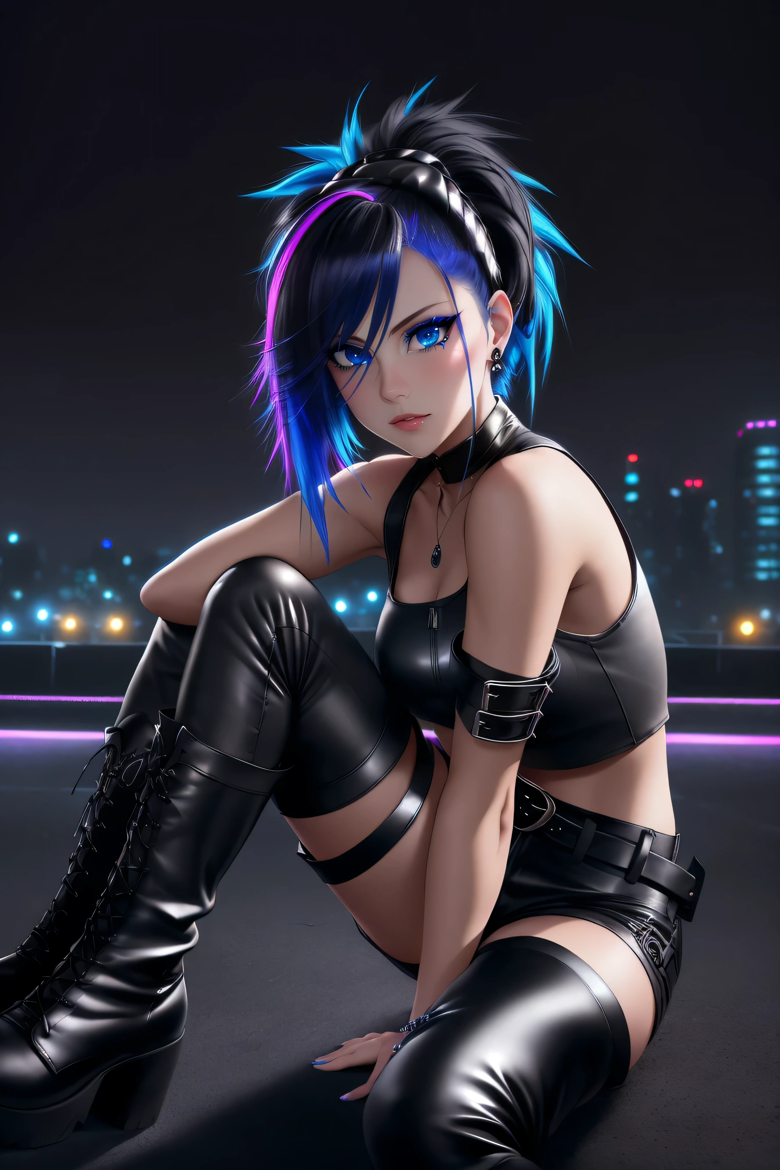 beautiful girl, full body, short bright blue neon streaked dishevelled hair, ((realistic highly detailed eyes:1.4)), ((seductive pose:1.2)), black eyeshadow, (street style wear:1.2), ((tight fitted short pants)), ((thigh high leather boots:1.3)), (dark city night black background:1.4), dark makeup, digital art, trending on artstation, highly detailed, fine detail, intricate, beautiful detailed glow, detailed, Cinematic light, high-res, detailed facial features, sharp focus, smooth, aesthetic,