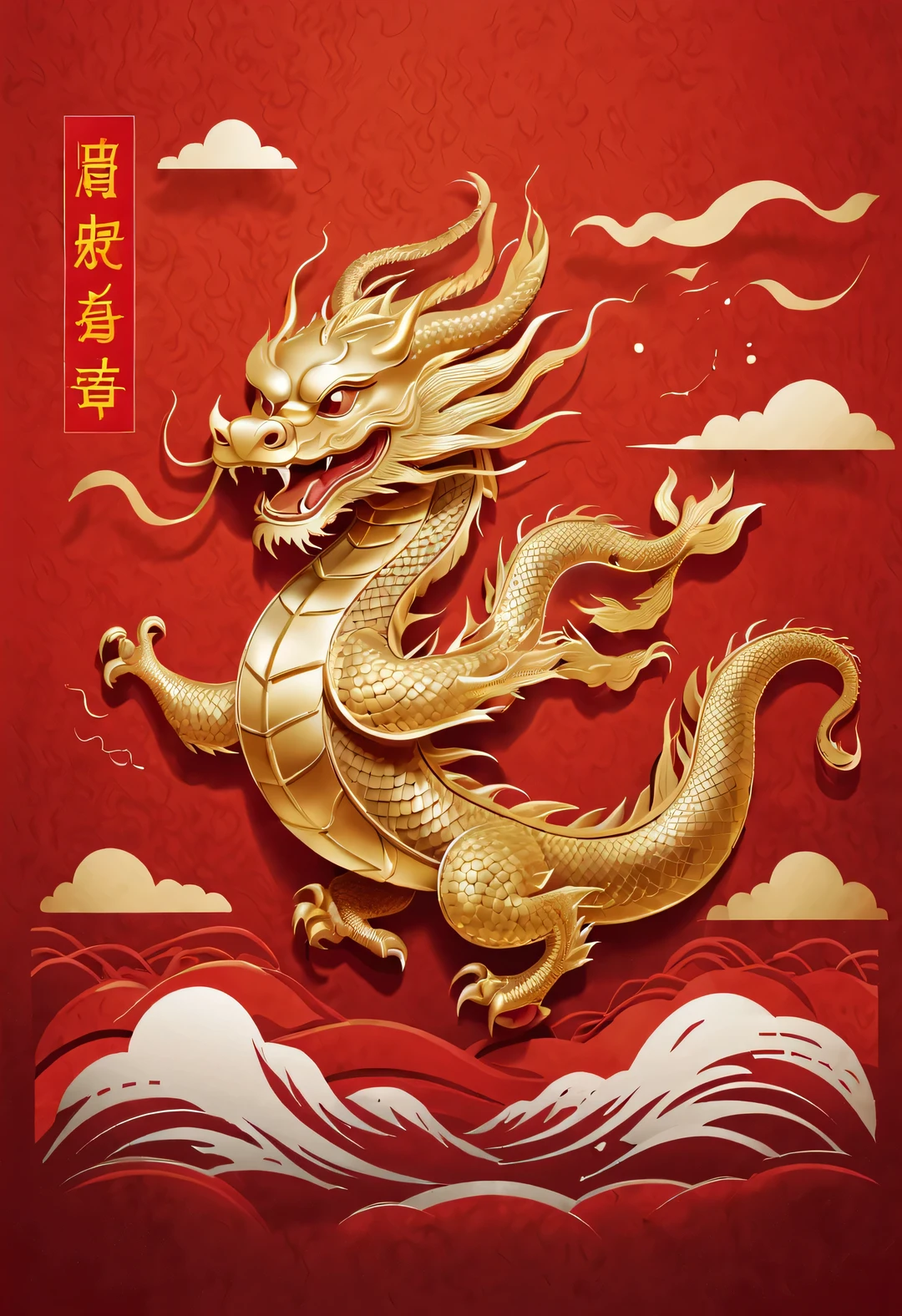 Sketch style, Simple golden negative space on Chinese red background, Smiling happily and cutely, Minimalist Chinese dragon walking, dynamic action, golden english thin line "Marine art" Width, "Marine art."
flat, vector, clip art, Greg Staples style, Opat,