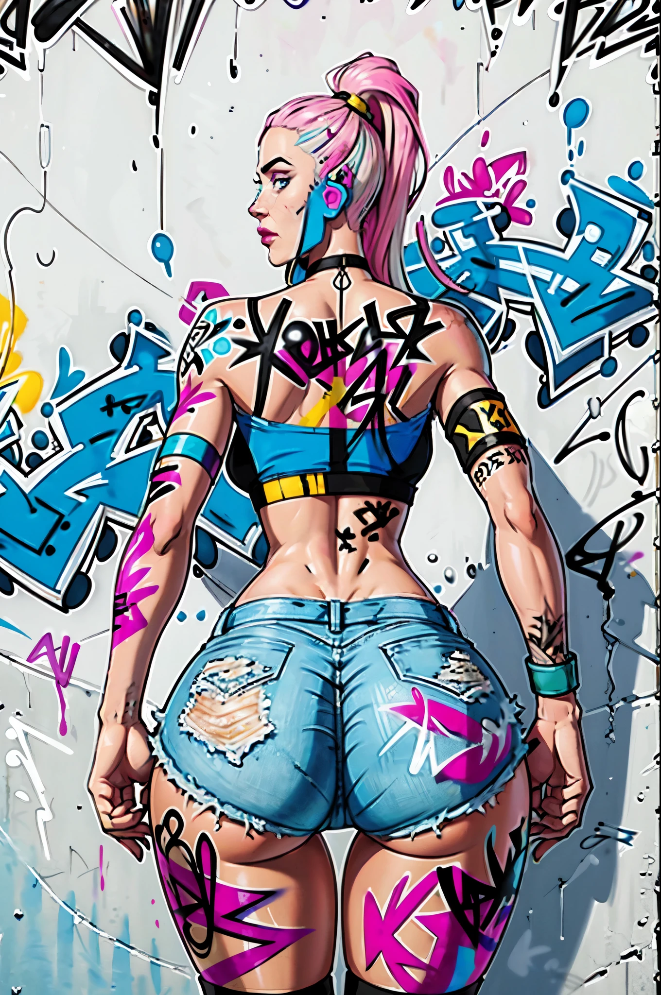 masterpiece, best quality, 25 years old beautiful woman, long hair, (mature face:1.4), 1woman, solo, crop top, denim shorts, choker, (from behind:1.4), plumb ass, thick thighs, thin waist, (graffiti:1.5), paint splatter, arms behind back, against wall, looking at viewer, armband, thigh strap, paint on body, head tilt, bored, multicolored hair (pink, blue), aqua eyes, headset