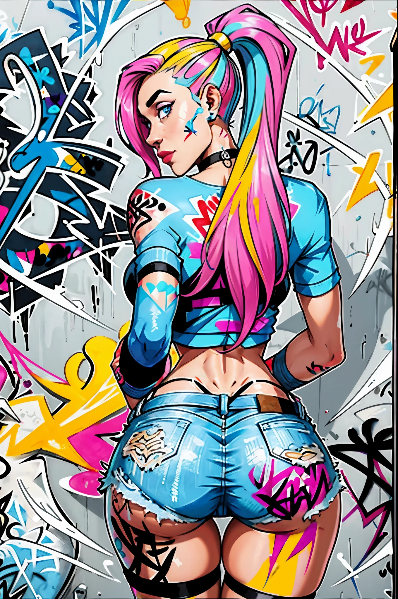 masterpiece, best quality, 25 years old beautiful woman, long hair, (mature face:1.4), 1woman, solo, crop top, denim shorts, choker, (from behind:1.4), plumb ass, thick thighs, thin waist, (graffiti:1.5), paint splatter, arms behind back, against wall, looking at viewer, armband, thigh strap, paint on body, head tilt, bored, multicolored hair (pink, blue), aqua eyes, headset