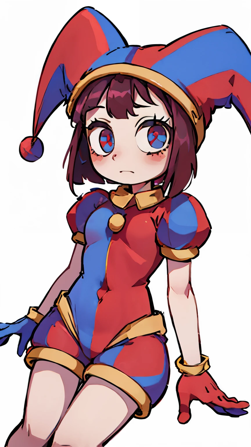 1girl,Pomni,jester cap, gloves, puffy short sleeves, red eyes and blue eyes, striped,