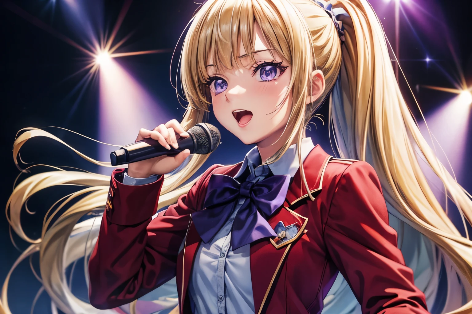 masterpiece:1.4, best quality)), Kei Karuizawa,1girl,blonde, ponytail, purple eyes, hd quality, wallpaper , singing, school uniform,red coat, blue skirt , holding mic, beautiful girl, looking at viewer, concert, enthusiastic 