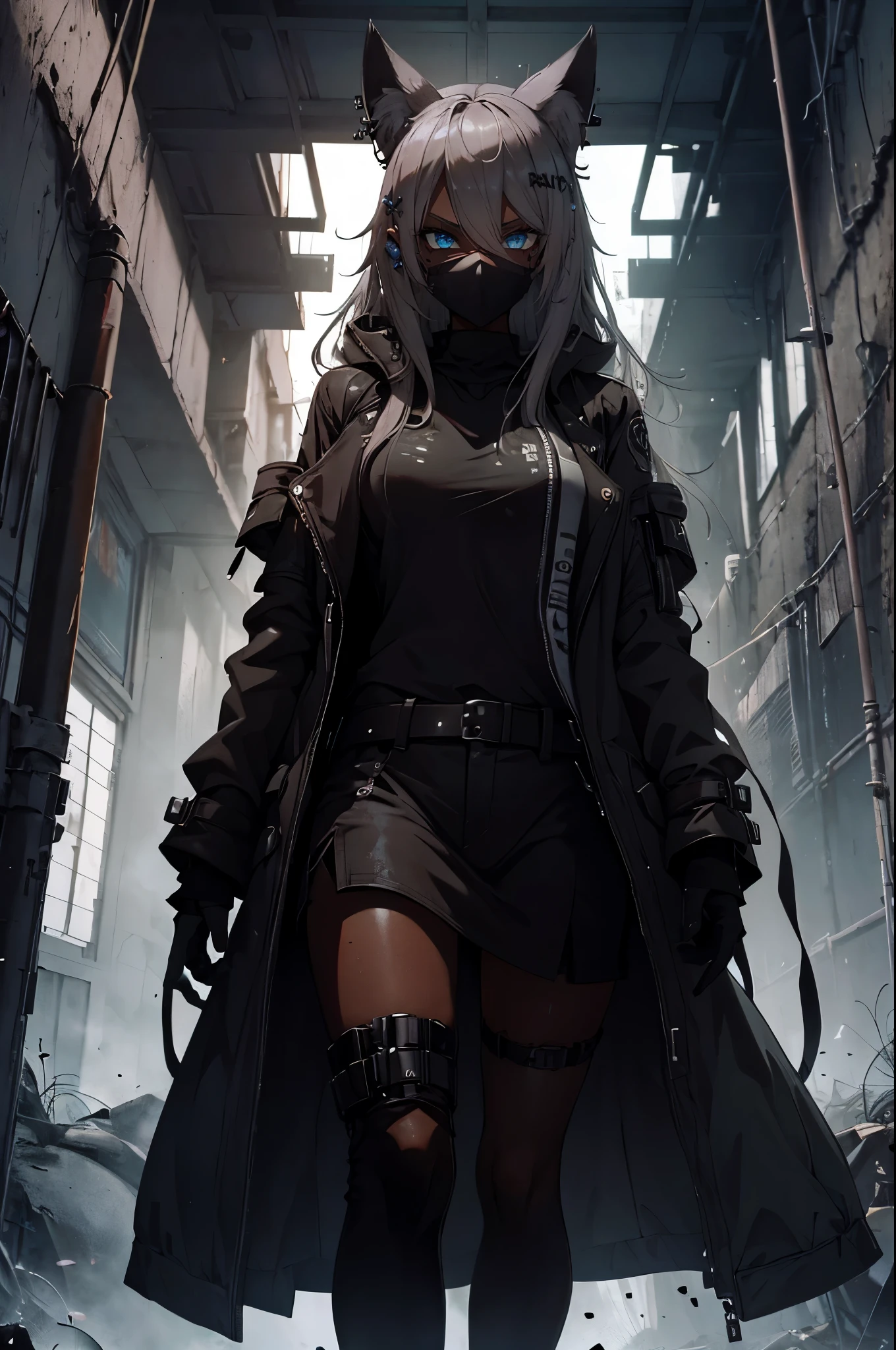 8K, Best Quality, Masterpiece, Ultra High Resolution, Underground in a cyberpunk world, girl, (very long length hair,) blue eyes, flowing hair, 1girl, intimidating, blonde hair, ear piercings, dark skinned, dark skin, walking around a sewer, tunnel, long hair, ager, dark skin, dark skin toned, black and white fox ears, gangster, badass, bad girl, fox ears, black fox ears, gangster girl, gangster outfit, perfect hands, large breasts, young teengirl, short statured, gangster outfit, dense green fog, clouds of thick mist, miasma, toxic smog, wearing a chem mask over her face, fallout mask over her face, blonde hair, dark, inside, inside a sewer tunnel, underground