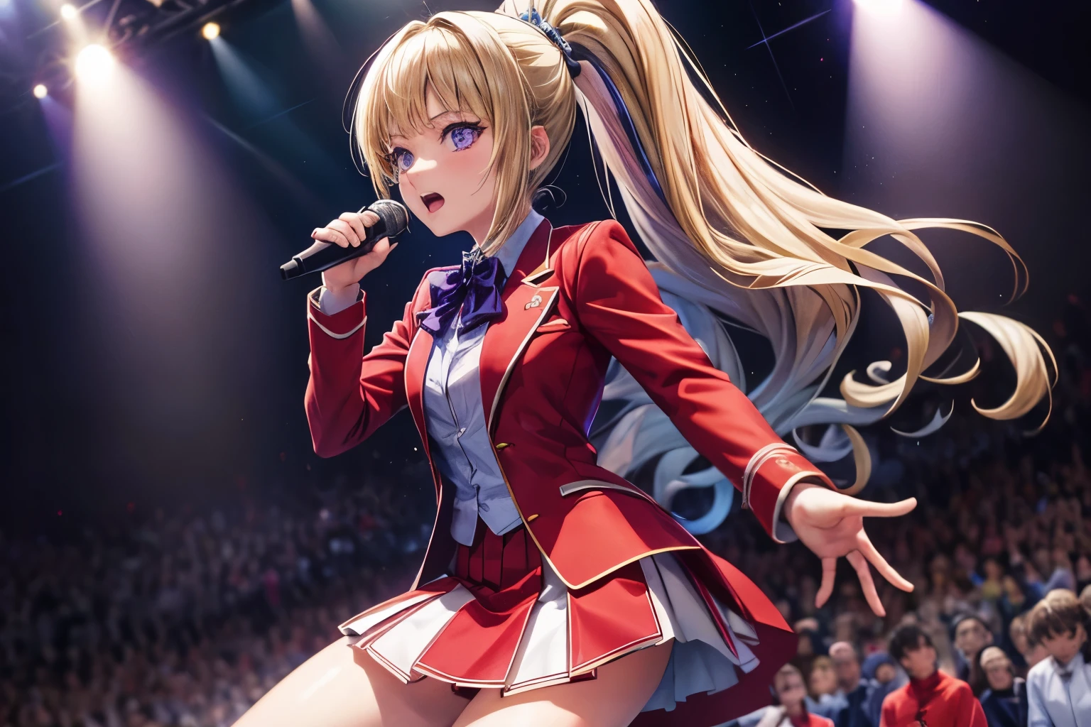 masterpiece:1.4, best quality)), Kei Karuizawa,1girl,blonde, ponytail, purple eyes, hd quality, wallpaper , singing, school uniform,red coat, blue skirt , holding mic, beautiful girl, looking at viewer, concert, enthusiastic 